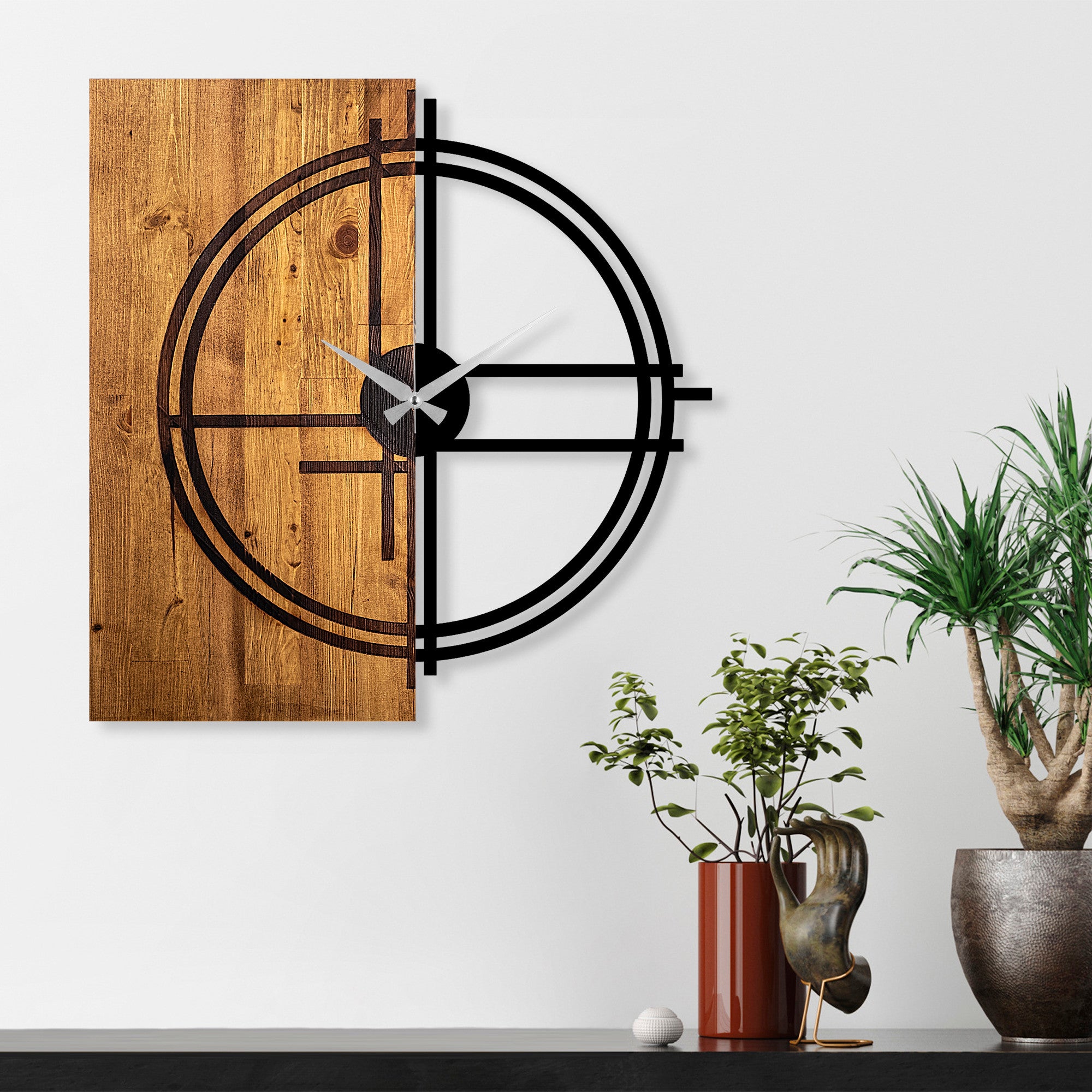 Relógio de parede decorativo – 56 x 3 x 58 cm – Nogueira clara e preto – Madeira e metal