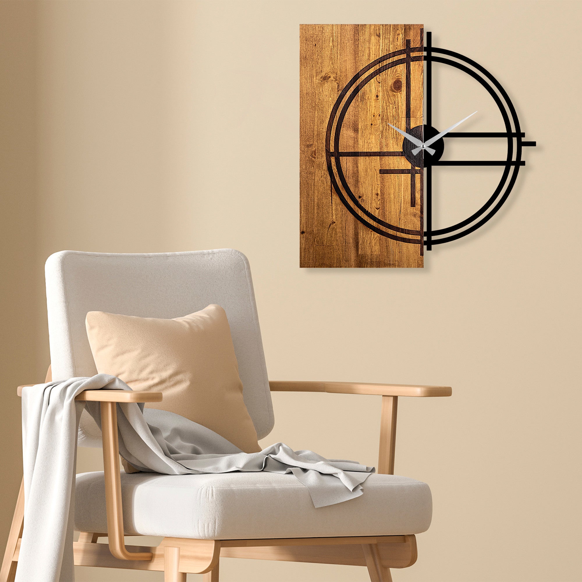 Relógio de parede decorativo – 56 x 3 x 58 cm – Nogueira clara e preto – Madeira e metal