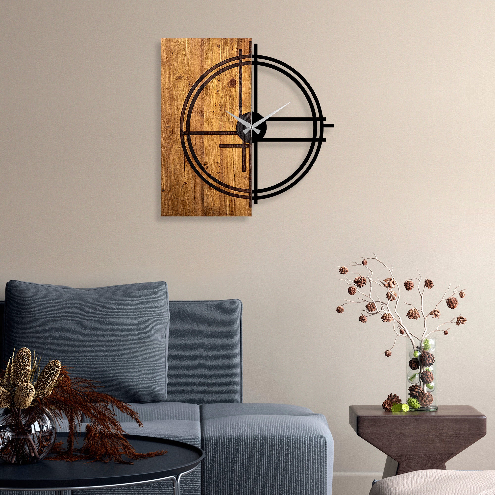 Relógio de parede decorativo – 56 x 3 x 58 cm – Nogueira clara e preto – Madeira e metal