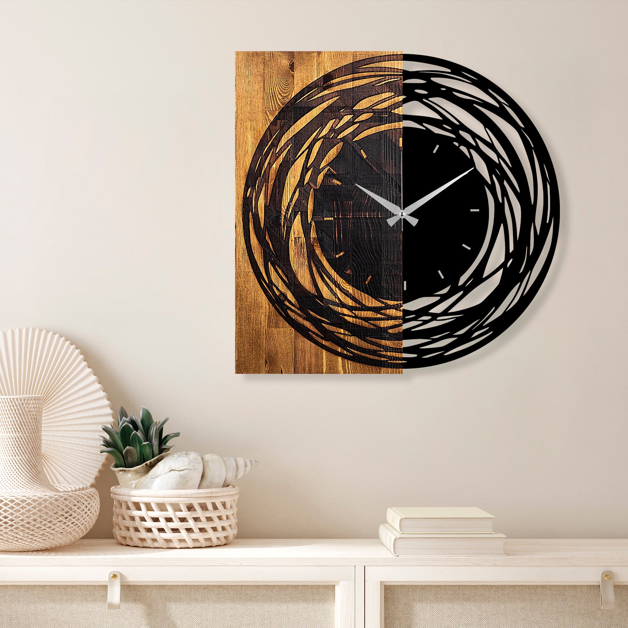 Relógio de parede decorativo – 58 x 3 x 58 cm – nogueira clara e preto – madeira e metal