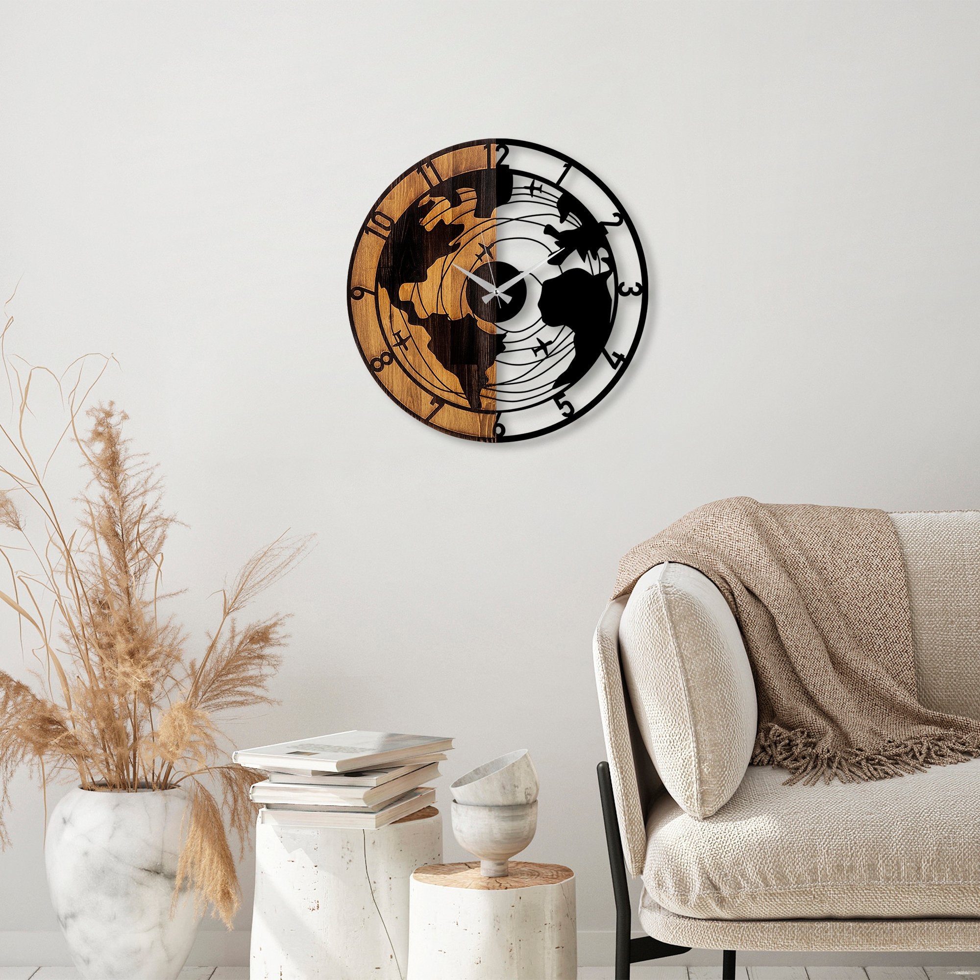 Relógio de parede decorativo elegante de madeira, 56 x 3 x 56 cm | 100% madeira e metal, mecanismo silencioso | Acabamento exclusivo em nogueira e preto, perfeito para qualquer ambiente