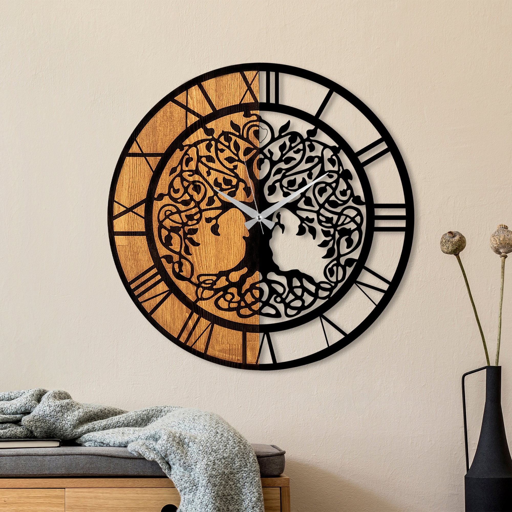 Relógio de parede decorativo – 56 cm de diâmetro – Noz e Preto – 100% madeira e metal