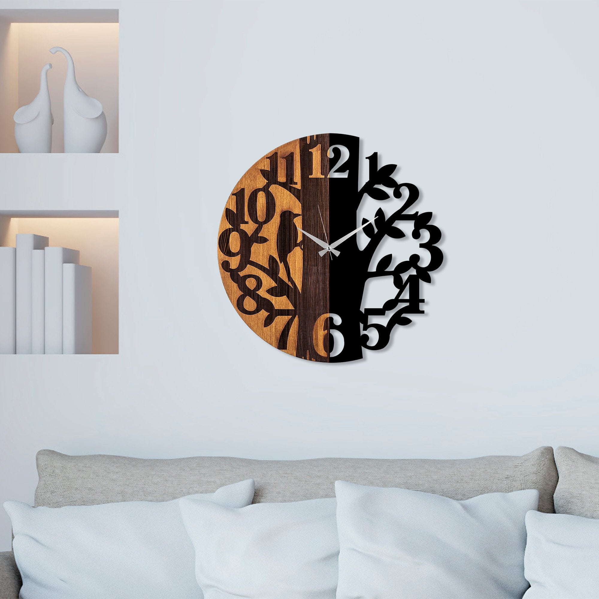 Relógio de Parede Decorativo – 56 cm – Noz e Preto – Madeira e Metal