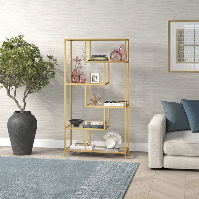 Estante de livros – 90 cm x 172 cm x 30 cm – Dourado e Transparente – Vidro e Metal