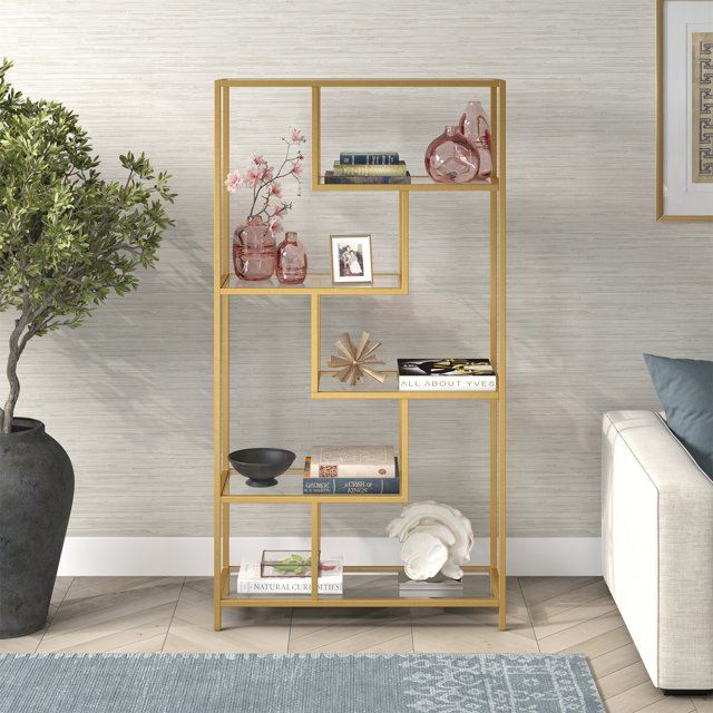 Estante de livros – 90 cm x 172 cm x 30 cm – Dourado e Transparente – Vidro e Metal