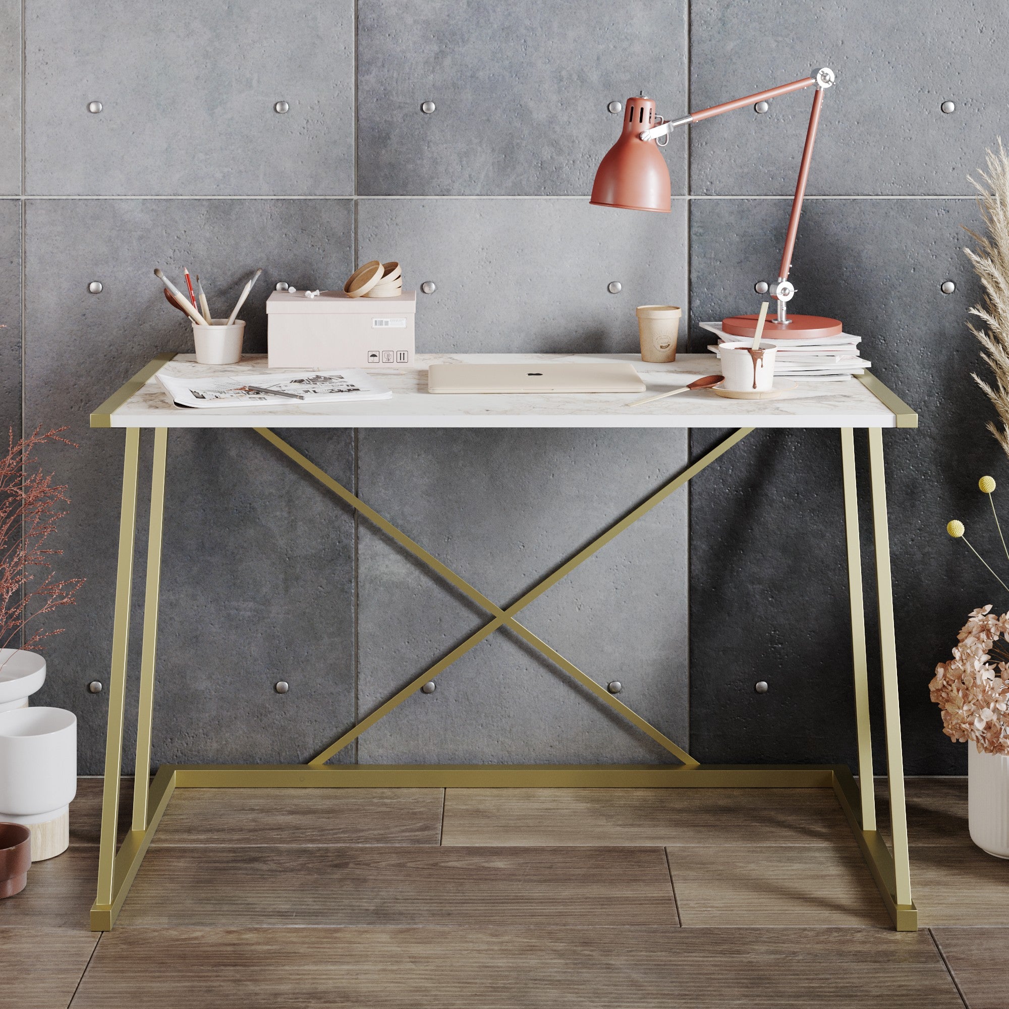 Secretária de Estudo/Escritório Glam, Branca e Dourada, 120 x 75 x 60 cm | Painel de partículas 100% revestido em melamina, 18 mm de espessura, pernas de metal resistentes | Design elegante e funcional para espaços modernos