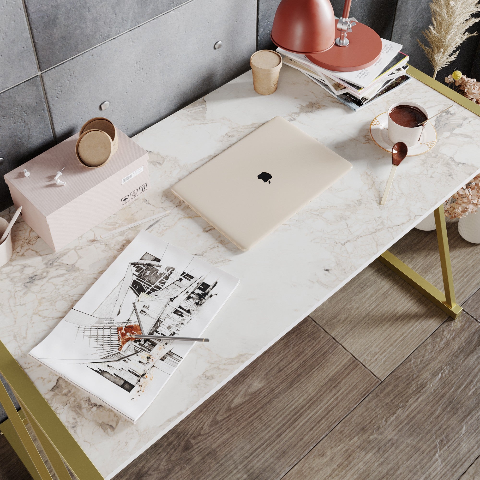 Secretária de Estudo/Escritório Glam, Branca e Dourada, 120 x 75 x 60 cm | Painel de partículas 100% revestido em melamina, 18 mm de espessura, pernas de metal resistentes | Design elegante e funcional para espaços modernos
