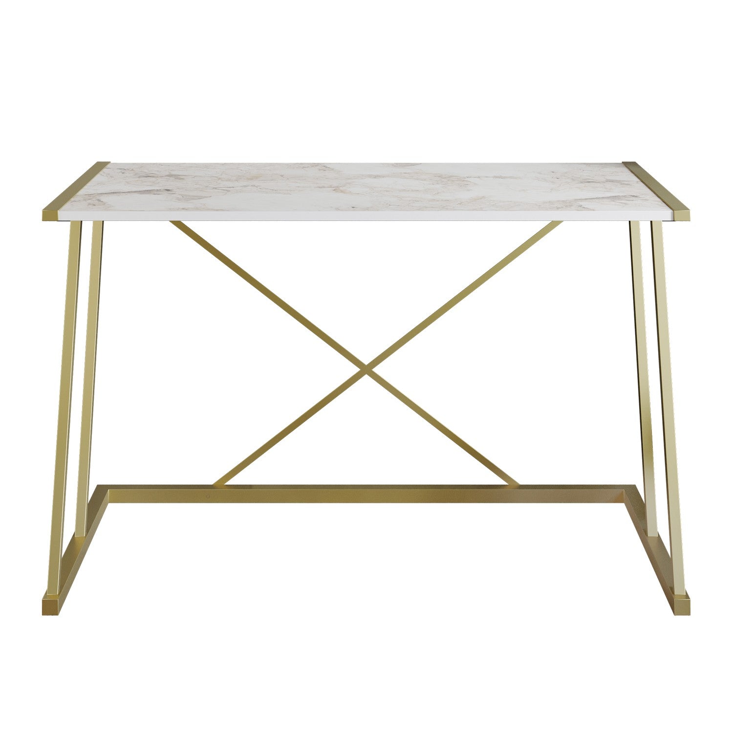 Secretária de Estudo/Escritório Glam, Branca e Dourada, 120 x 75 x 60 cm | Painel de partículas 100% revestido em melamina, 18 mm de espessura, pernas de metal resistentes | Design elegante e funcional para espaços modernos