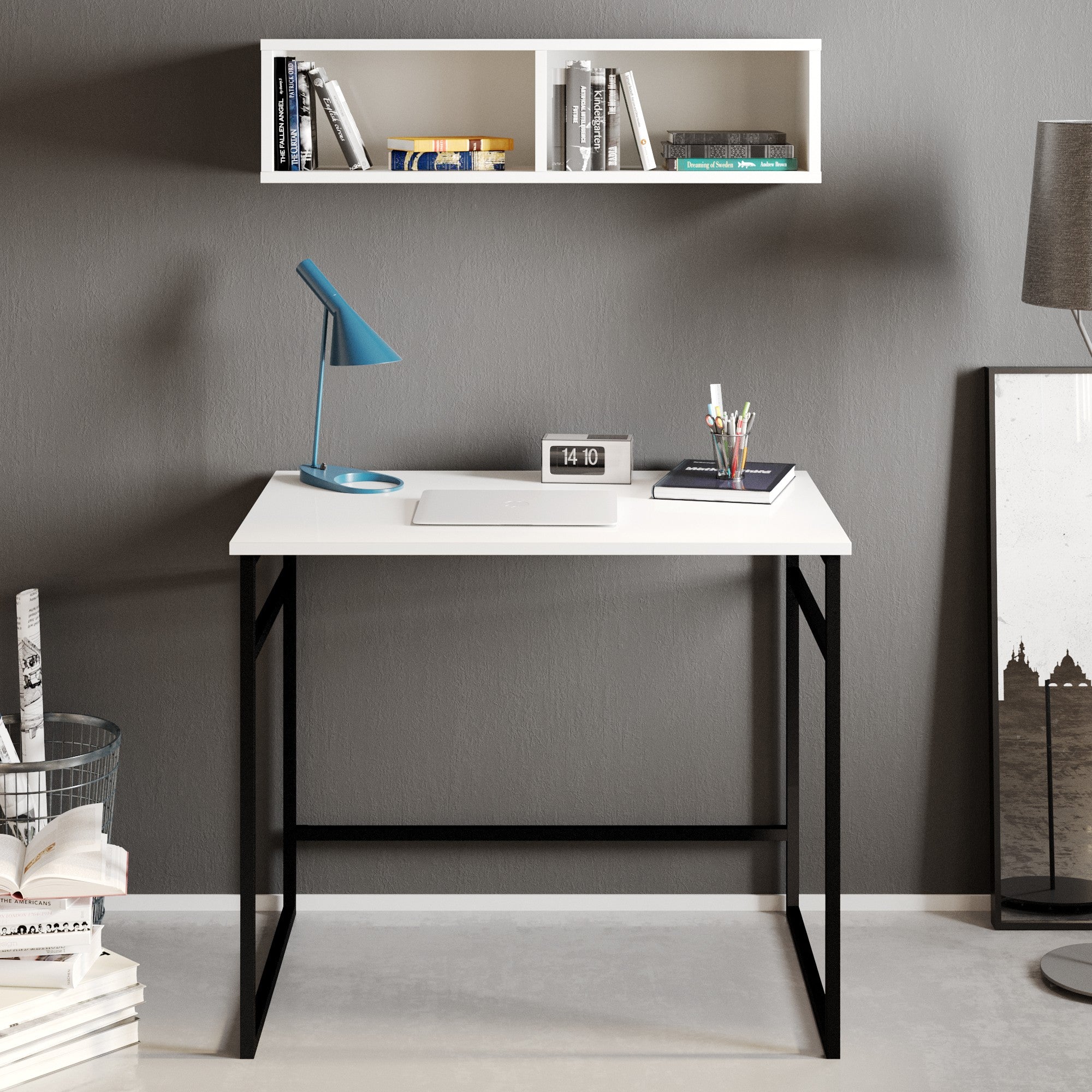 Secretária de Estudo/Escritório Moderna com Prateleira de Parede, Branca e Preta, 90 x 75 x 60 cm | Painel de Partículas 100% Revestido em Melamina, 18 mm de Espessura, Pernas de Metal Resistente | Design Elegante Inspirado em Hotel