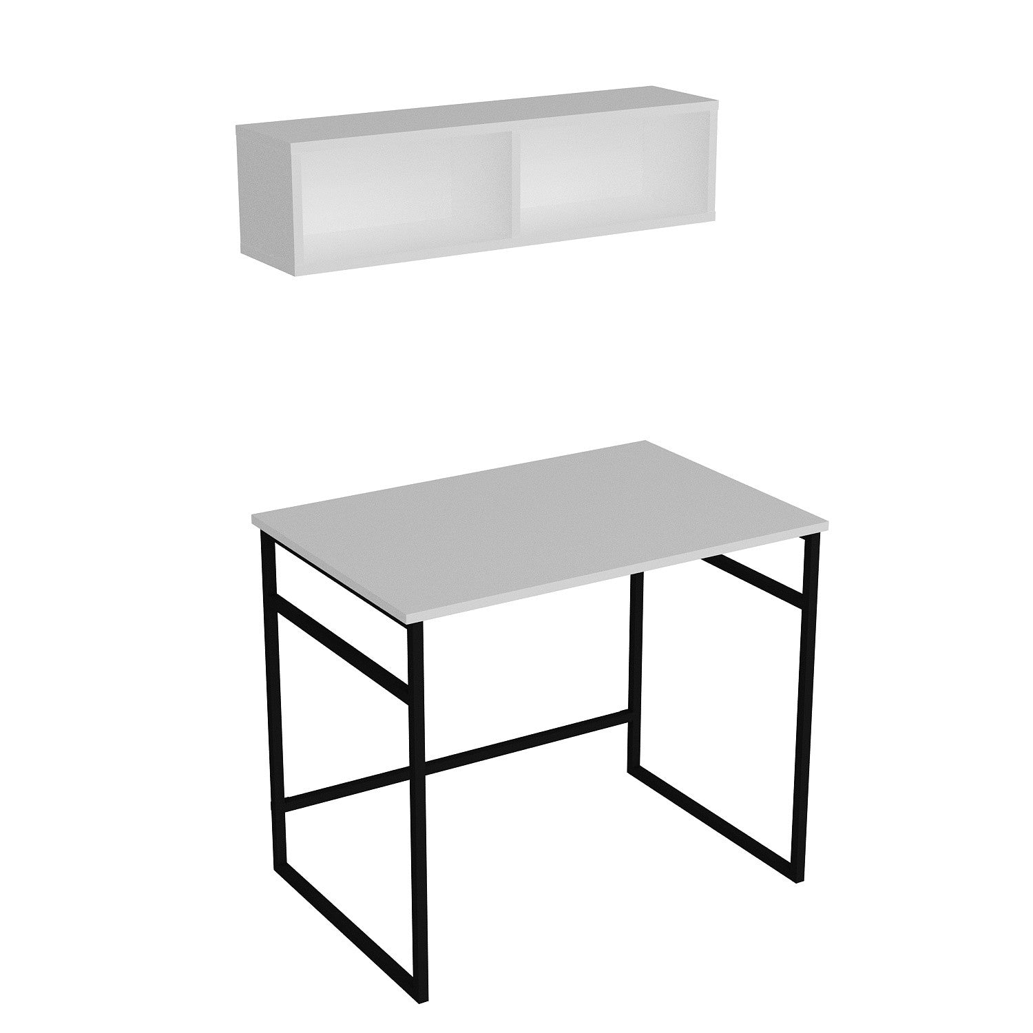 Secretária de Estudo/Escritório Moderna com Prateleira de Parede, Branca e Preta, 90 x 75 x 60 cm | Painel de Partículas 100% Revestido em Melamina, 18 mm de Espessura, Pernas de Metal Resistente | Design Elegante Inspirado em Hotel