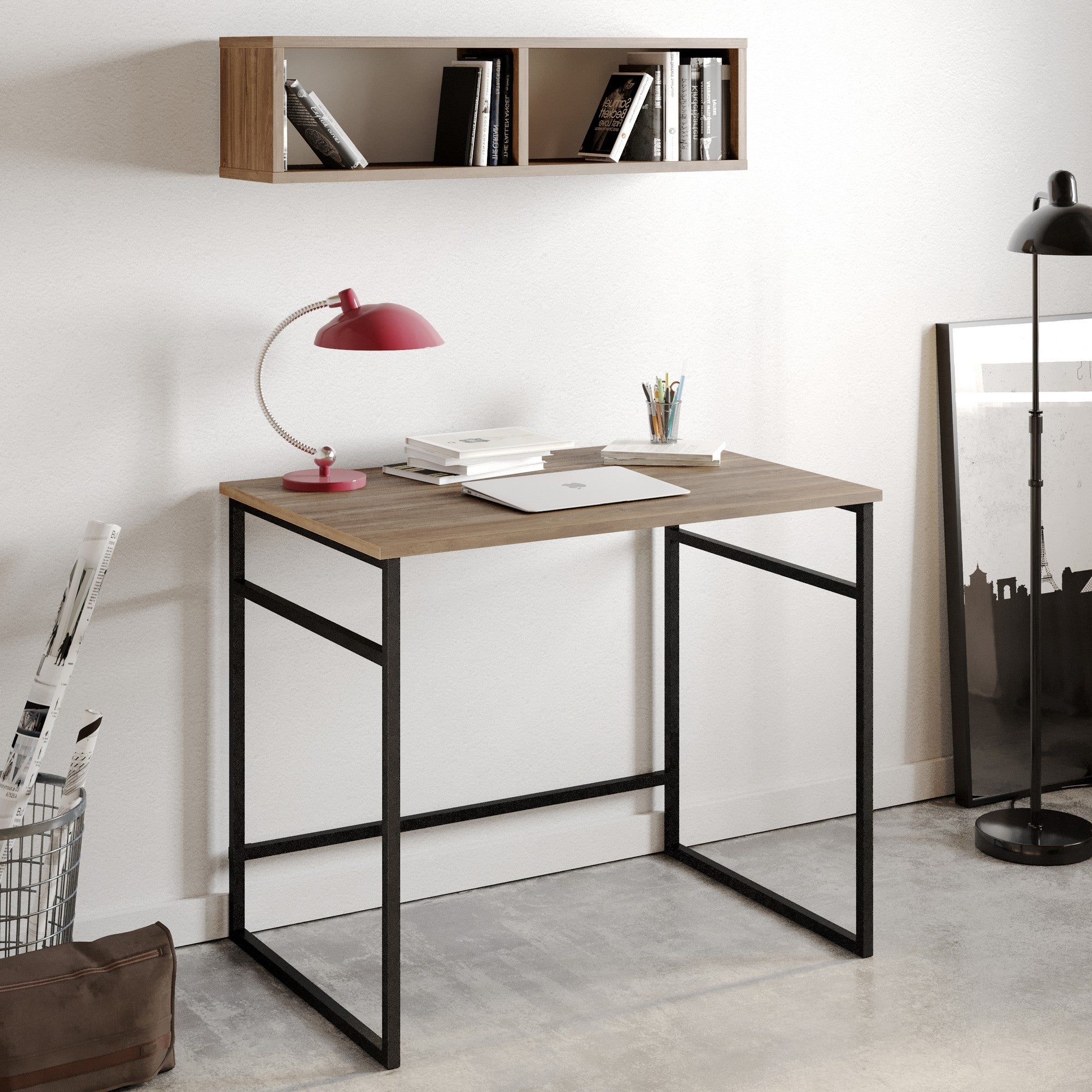 Secretária de Estudo/Escritório Industrial com Prateleira de Parede, Nogueira e Preto, 90 x 75 x 60 cm | Painel de Partículas 100% Revestido em Melamina, Pés de Metal | Elegante e Funcional para Espaços Modernos