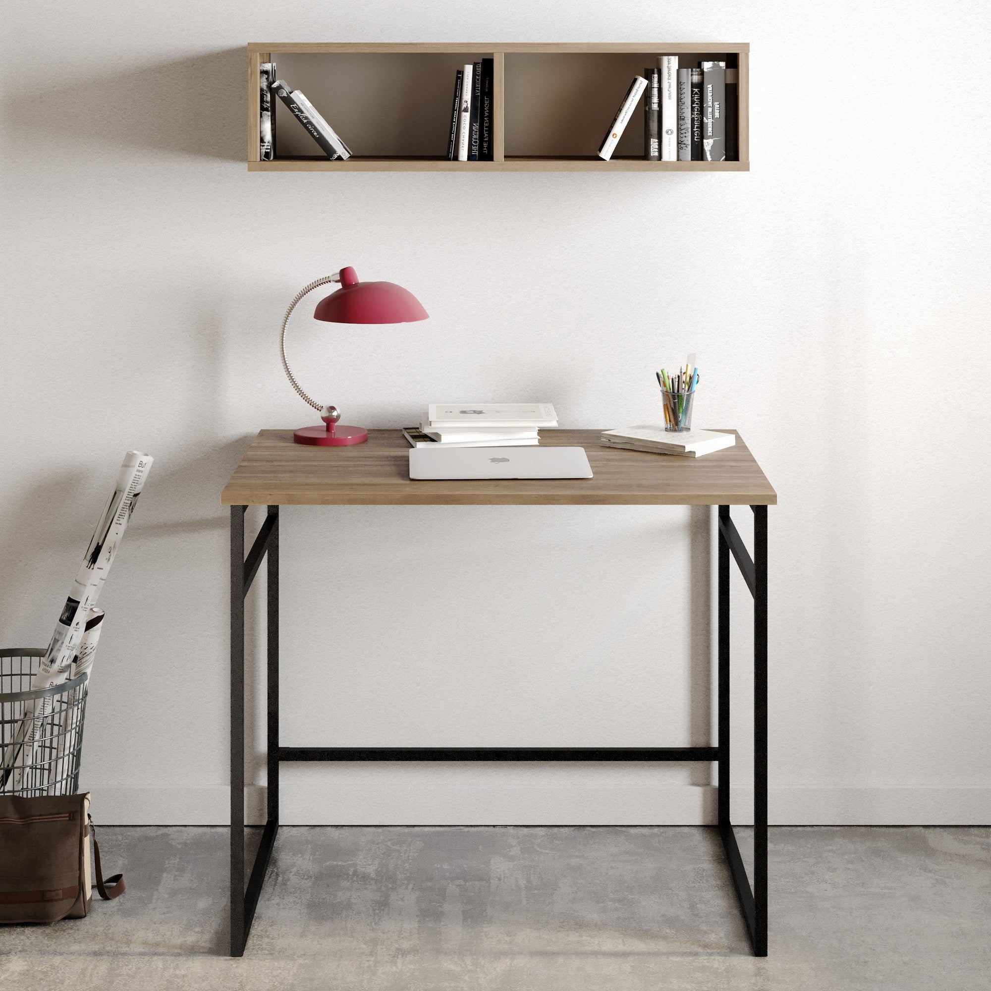 Secretária de Estudo/Escritório Industrial com Prateleira de Parede, Nogueira e Preto, 90 x 75 x 60 cm | Painel de Partículas 100% Revestido em Melamina, Pés de Metal | Elegante e Funcional para Espaços Modernos