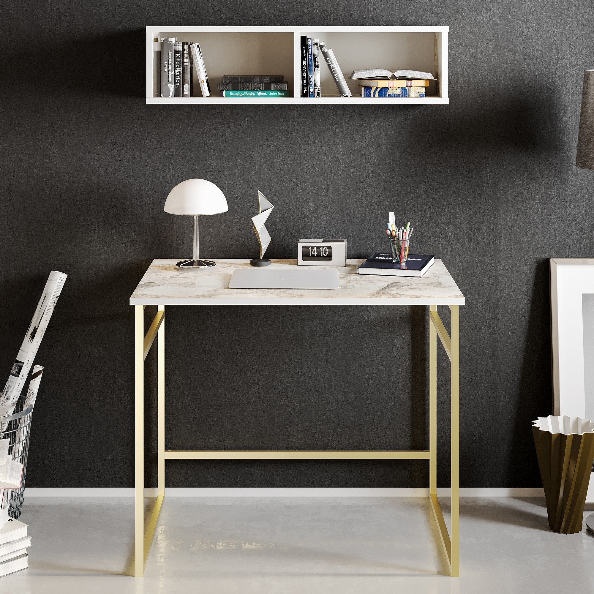 Secretária de Estudo/Escritório Glam com Prateleira de Parede, Branca e Dourada, 90 x 60 x 75 cm | Painel de Partículas 100% Revestido em Melamina, 18 mm de Espessura, Pernas de Metal Resistente | Design Elegante e Funcional para Espaços Modernos