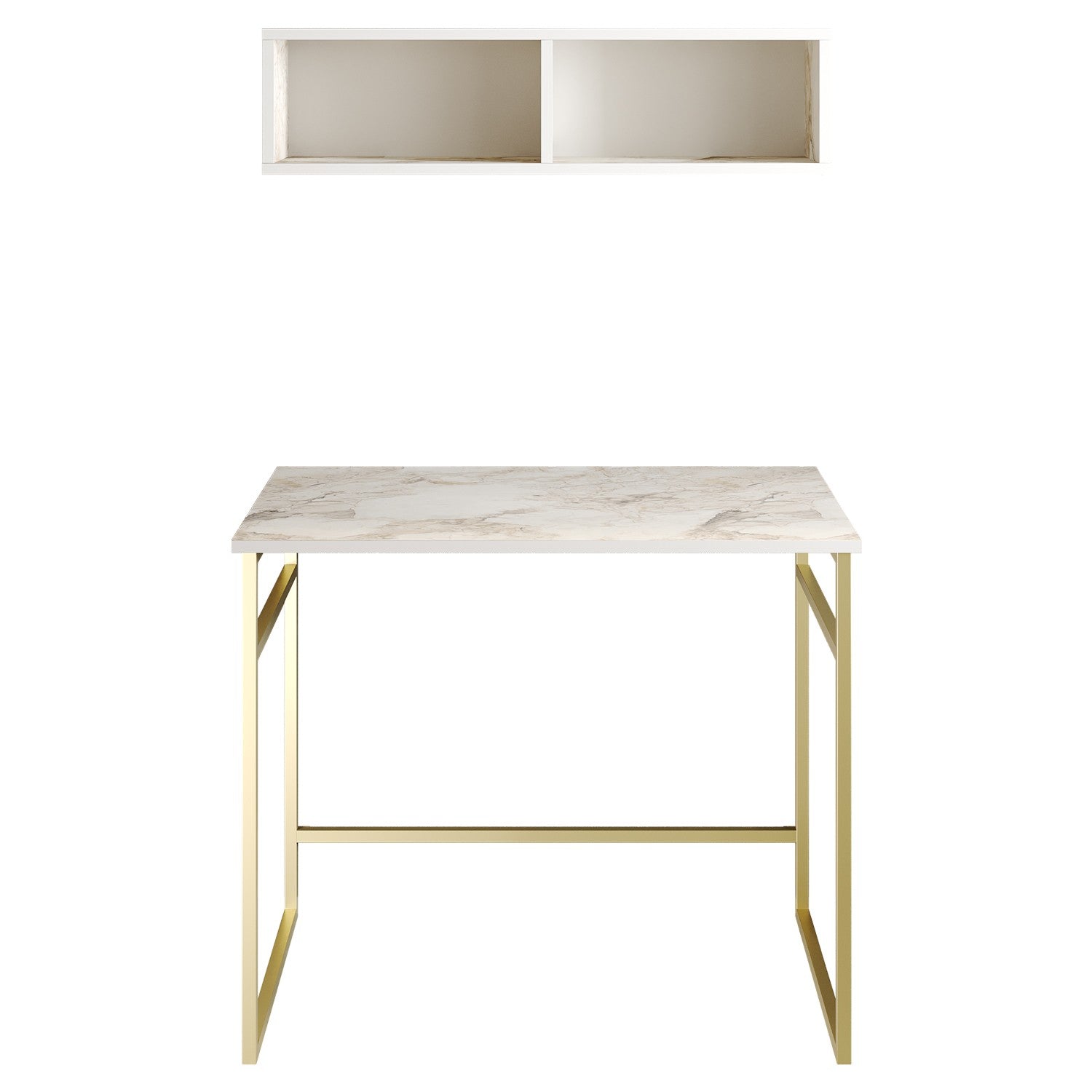 Secretária de Estudo/Escritório Glam com Prateleira de Parede, Branca e Dourada, 90 x 60 x 75 cm | Painel de Partículas 100% Revestido em Melamina, 18 mm de Espessura, Pernas de Metal Resistente | Design Elegante e Funcional para Espaços Modernos