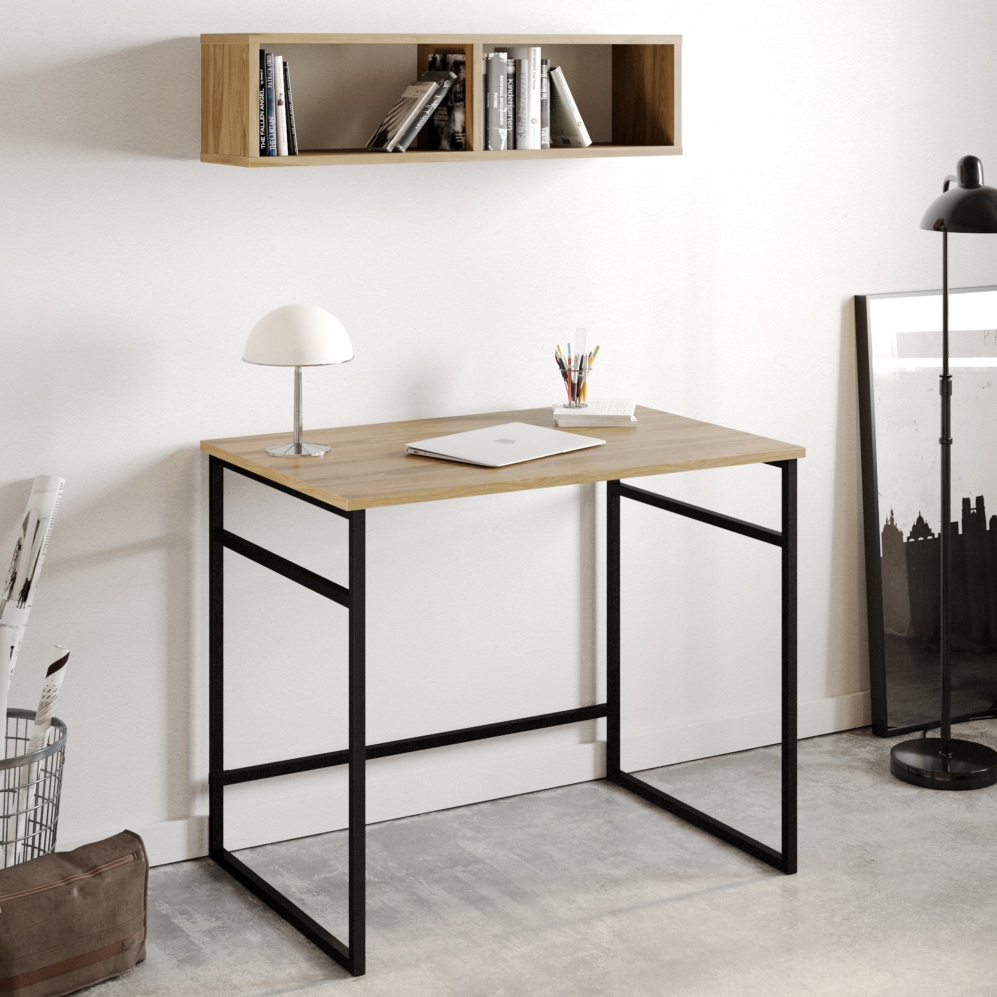 Secretária de Estudo/Escritório Industrial com Prateleira de Parede, Carvalho e Preto, 90 x 60 x 75 cm | Painel de Partículas 100% Revestido em Melamina, 18 mm de Espessura, Pernas de Metal Resistente | Perfeita para Escritórios Domésticos Modernos
