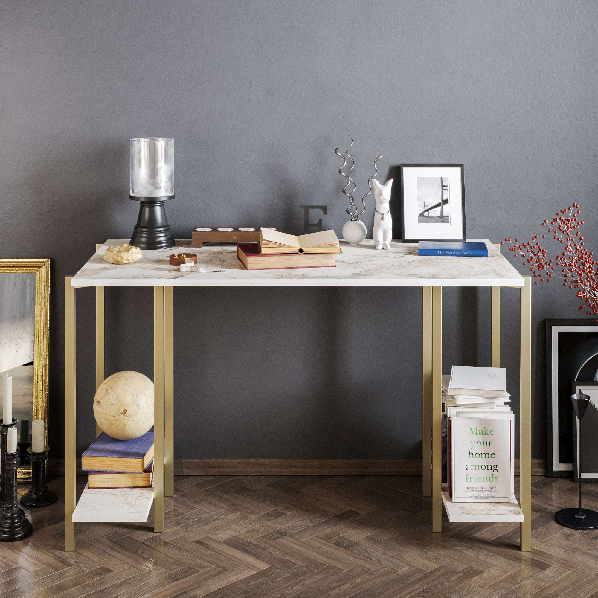 Secretária de Estudo/Escritório Moderna com Pés de Metal, Branco e Dourado, 125 x 60 x 73,8 cm | Painel de Partículas 100% Revestido em Melamina, 18 mm de Espessura | 2 Prateleiras Externas, Design Glamouroso
