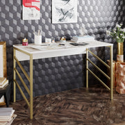 Secretária de Estudo/Escritório Moderna com Pés de Metal, Dourado e Branco, 120 x 75 x 60 cm | Painel de Partículas 100% Revestido em Melamina, 18 mm de Espessura | Design Elegante e Glamouroso para Escritório em Casa