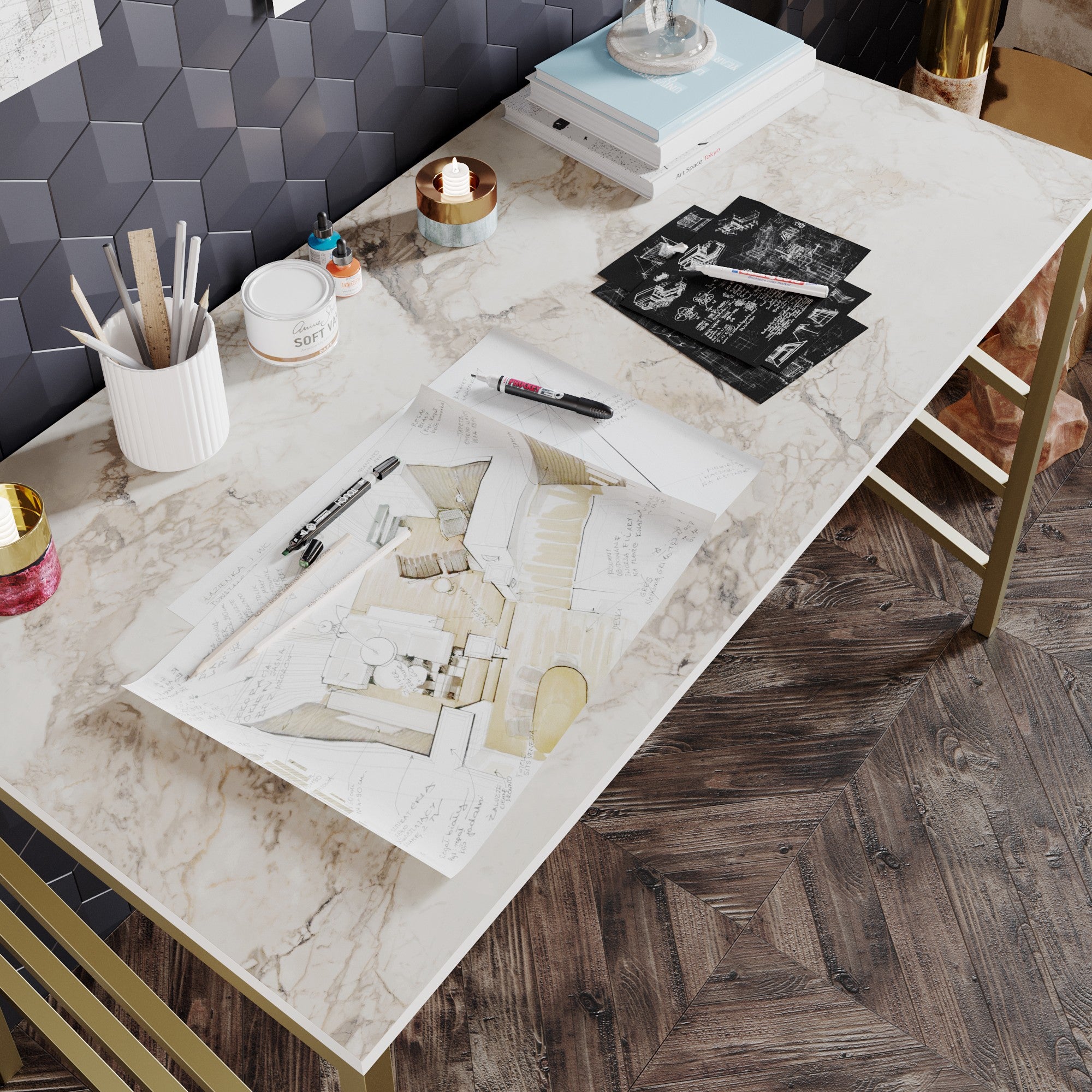 Secretária de Estudo/Escritório Moderna com Pés de Metal, Dourado e Branco, 120 x 75 x 60 cm | Painel de Partículas 100% Revestido em Melamina, 18 mm de Espessura | Design Elegante e Glamouroso para Escritório em Casa