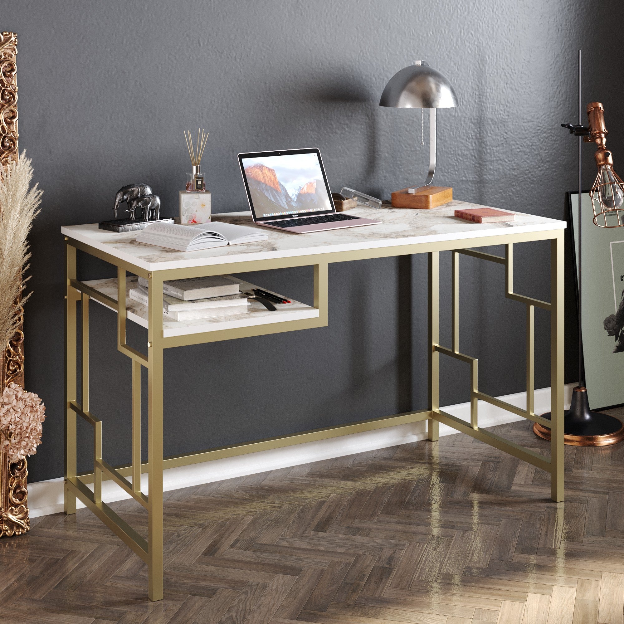 Secretária de Estudo/Escritório Moderna com Pés de Metal, Dourado e Branco, 120 x 75 x 60 cm | Painel de Partículas 100% Revestido em Melamina, 18 mm de Espessura | Design Elegante e Glamouroso para Escritório em Casa