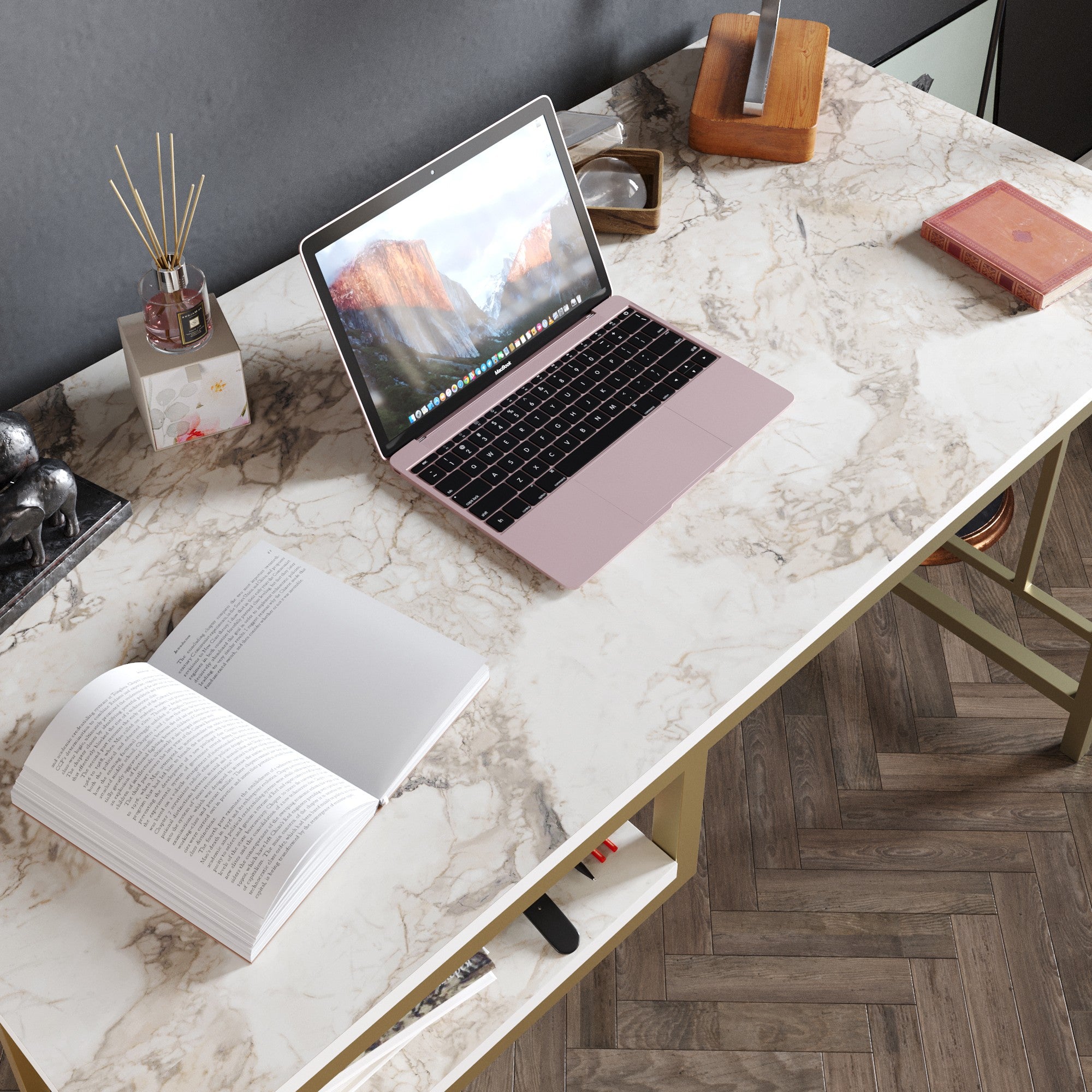 Secretária de Estudo/Escritório Moderna com Pés de Metal, Dourado e Branco, 120 x 75 x 60 cm | Painel de Partículas 100% Revestido em Melamina, 18 mm de Espessura | Design Elegante e Glamouroso para Escritório em Casa