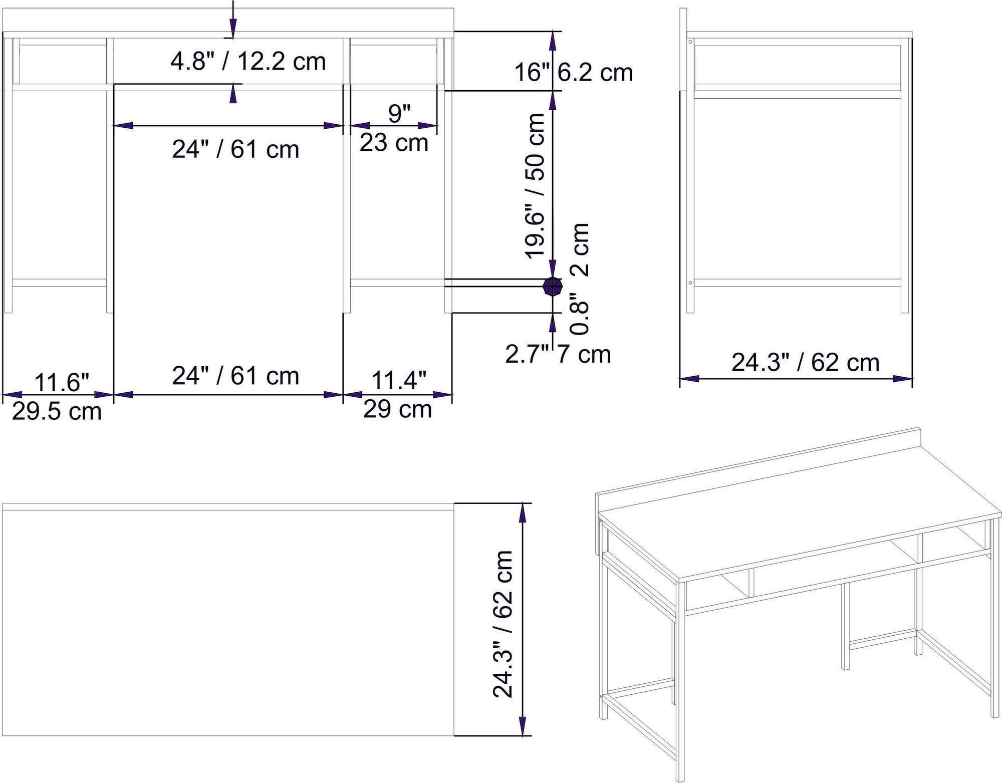 Secretária de Estudo/Escritório industrial com pés de metal, preta e nogueira, 119,5 x 65,2 x 62 cm | 100% revestida em melamina, 18 mm de espessura | Elegante e funcional com armazenamento extra