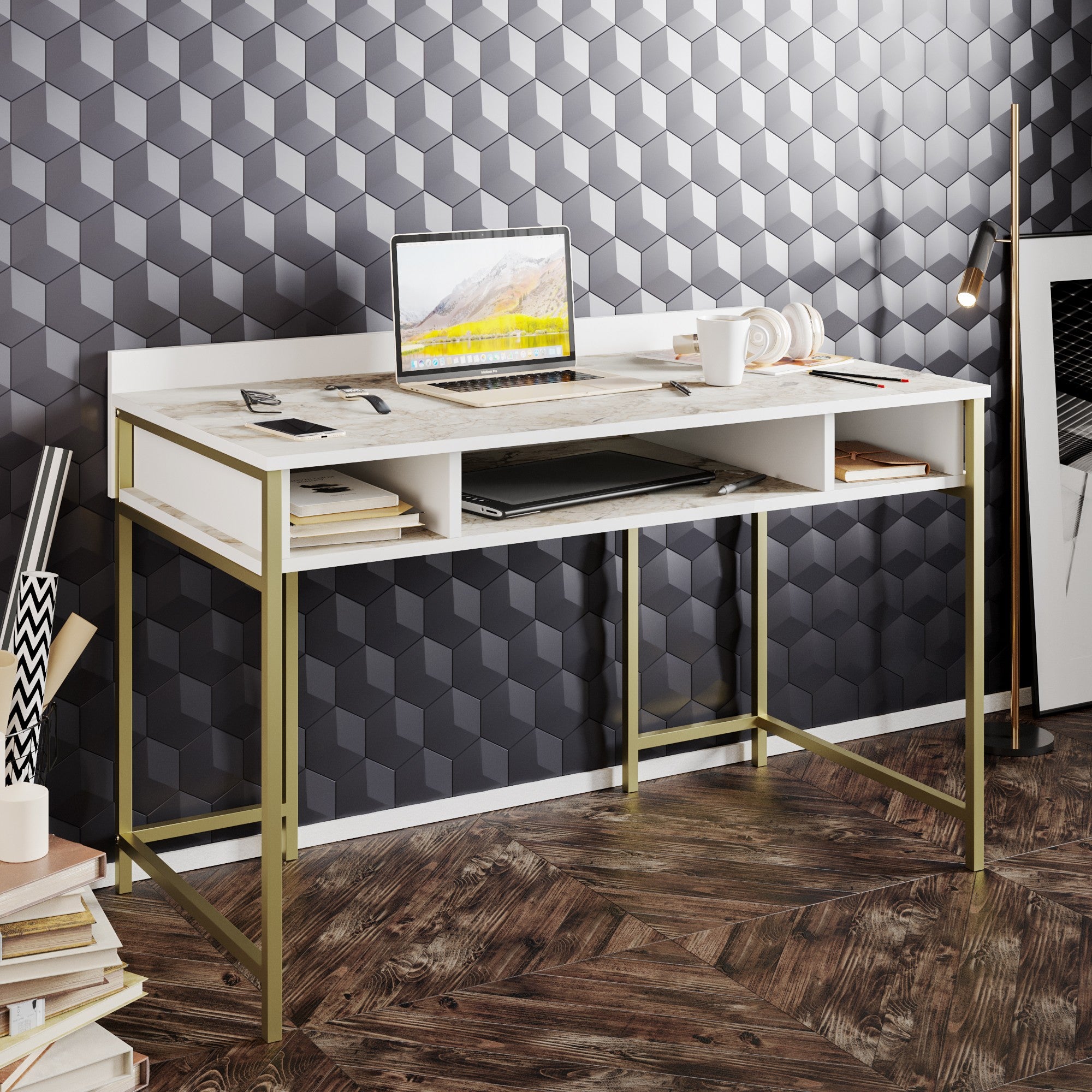 Secretária de Estudo/Escritório Glamourosa com Pés de Metal, Dourado e Branco, 120 x 75 x 60 cm | 100% Revestimento em Melamina, 18 mm de Espessura | Elegante e Funcional com Armazenamento Extra