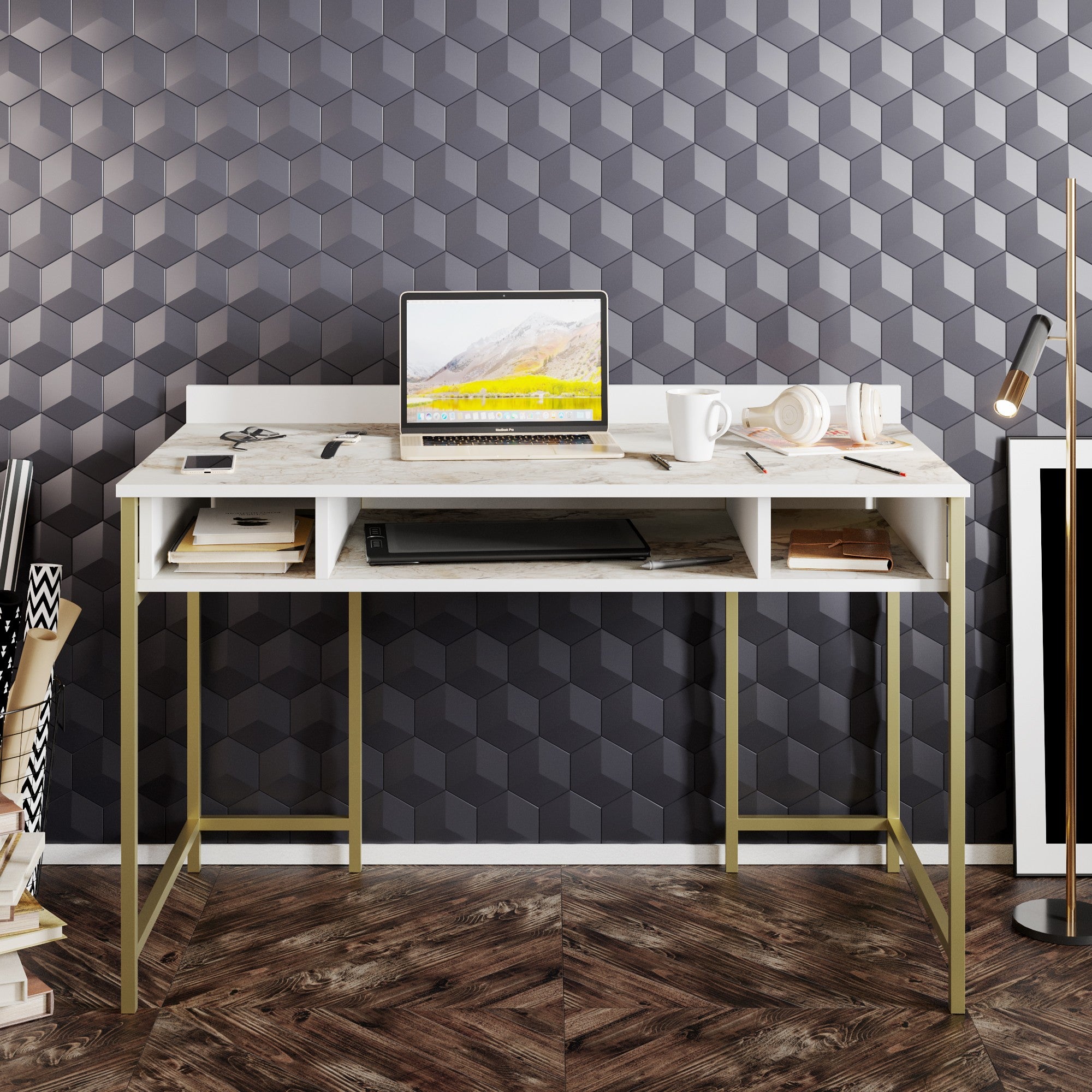 Secretária de Estudo/Escritório Glamourosa com Pés de Metal, Dourado e Branco, 120 x 75 x 60 cm | 100% Revestimento em Melamina, 18 mm de Espessura | Elegante e Funcional com Armazenamento Extra
