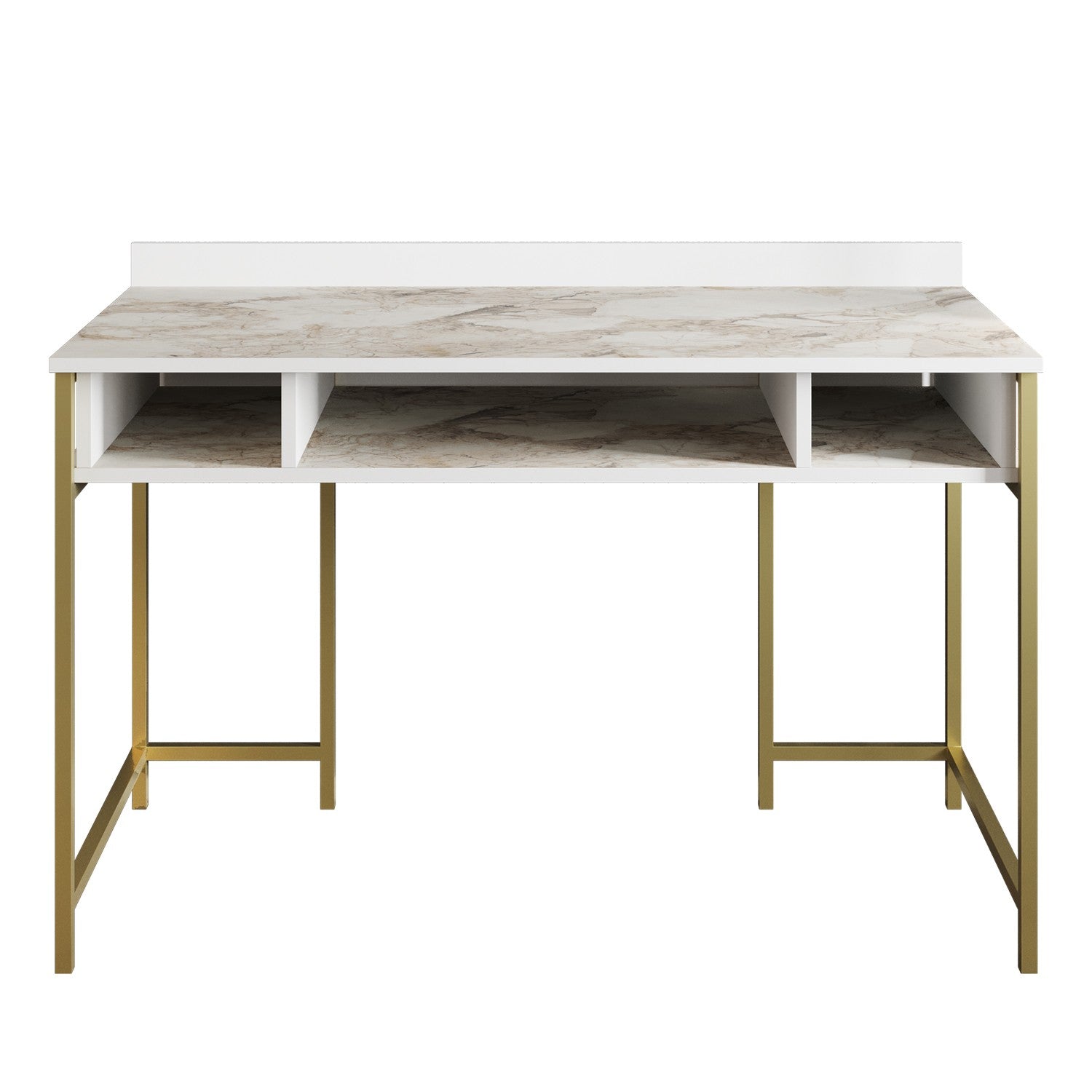 Secretária de Estudo/Escritório Glamourosa com Pés de Metal, Dourado e Branco, 120 x 75 x 60 cm | 100% Revestimento em Melamina, 18 mm de Espessura | Elegante e Funcional com Armazenamento Extra