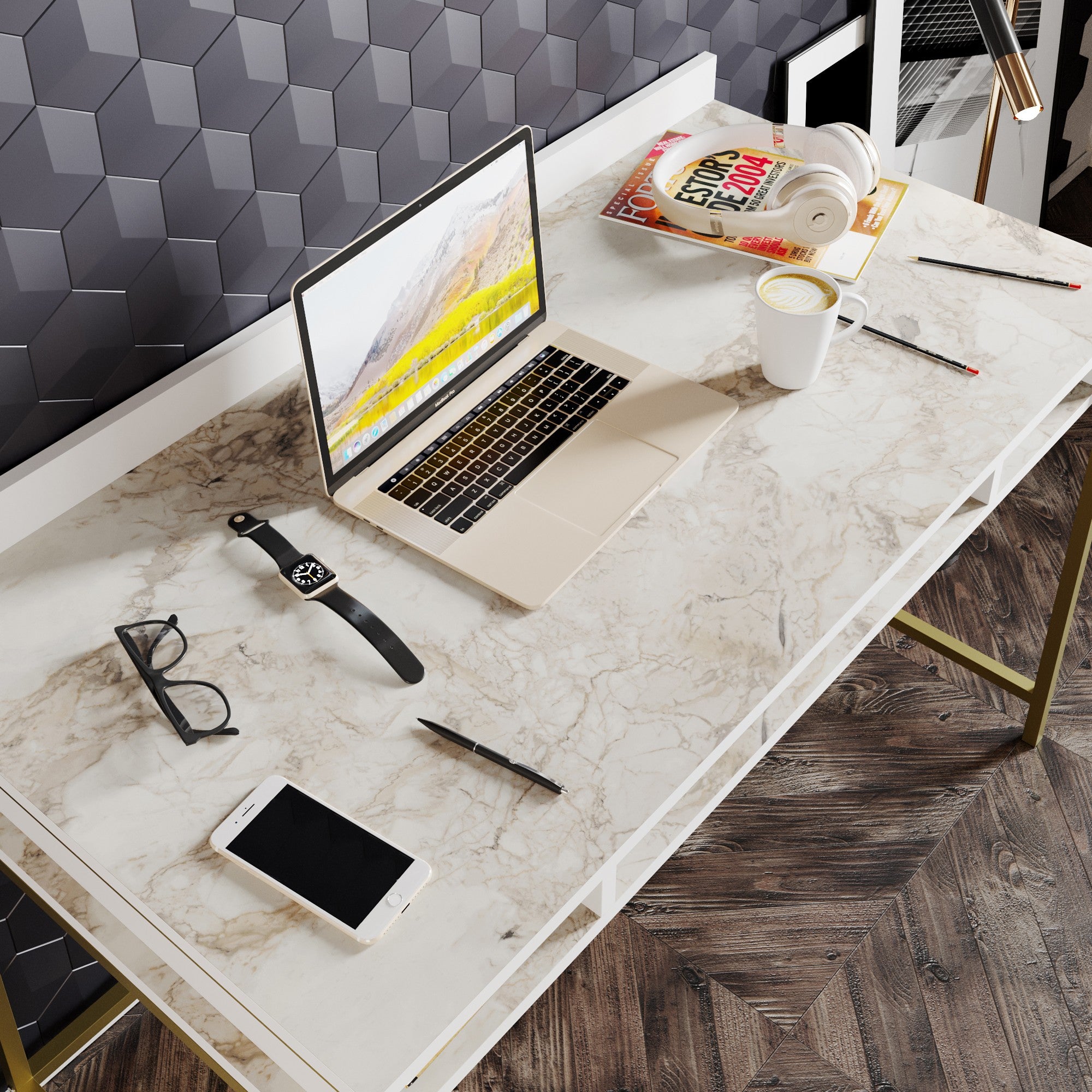 Secretária de Estudo/Escritório Glamourosa com Pés de Metal, Dourado e Branco, 120 x 75 x 60 cm | 100% Revestimento em Melamina, 18 mm de Espessura | Elegante e Funcional com Armazenamento Extra