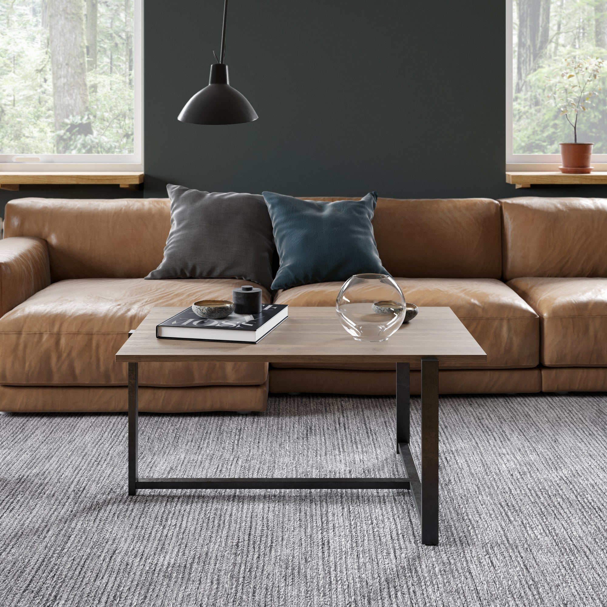 Mesa de Centro Industrial, Nogueira e Preto, 92 x 64 x 45 cm | Painel de Partículas 100% Revestido em Melamina, 18 mm de Espessura, Pernas de Metal Resistente | Design Elegante e Funcional