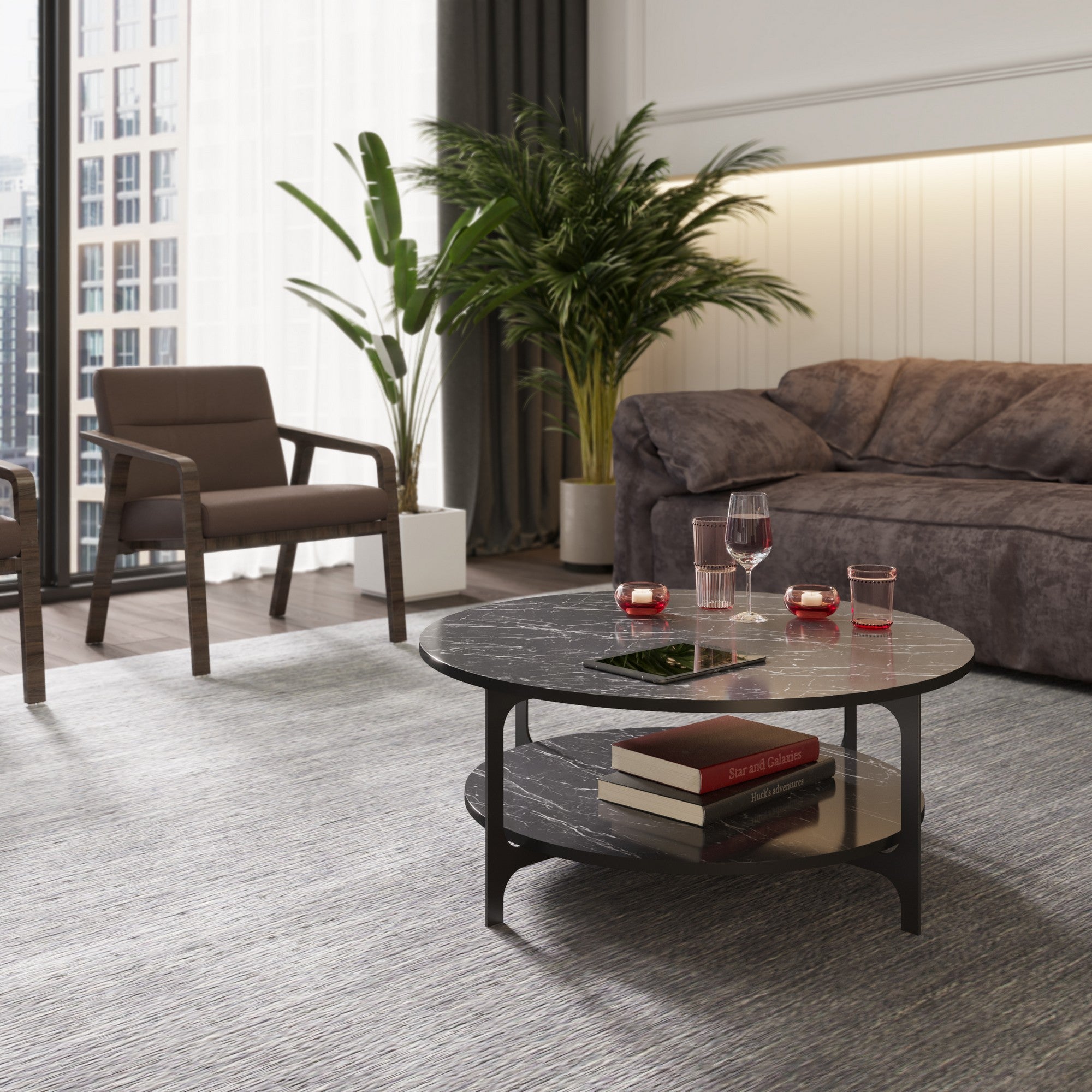 Mesa de Centro Moderna com Design em Mármore, Preta, 90 x 36,8 x 90 cm | Painel de Partículas 100% Revestido em Melamina, Pés de Metal, 18 mm de Espessura | Decoração Industrial Elegante para Casa