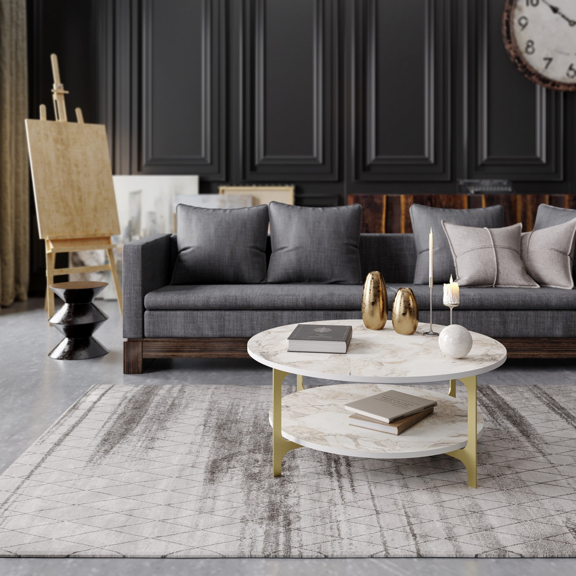 Mesa de Centro Moderna com Design em Mármore, Dourado e Branco, 90 x 36,8 x 90 cm | Painel de Partículas 100% Revestido em Melamina, Pés de Metal, Elegante e Glamourosa