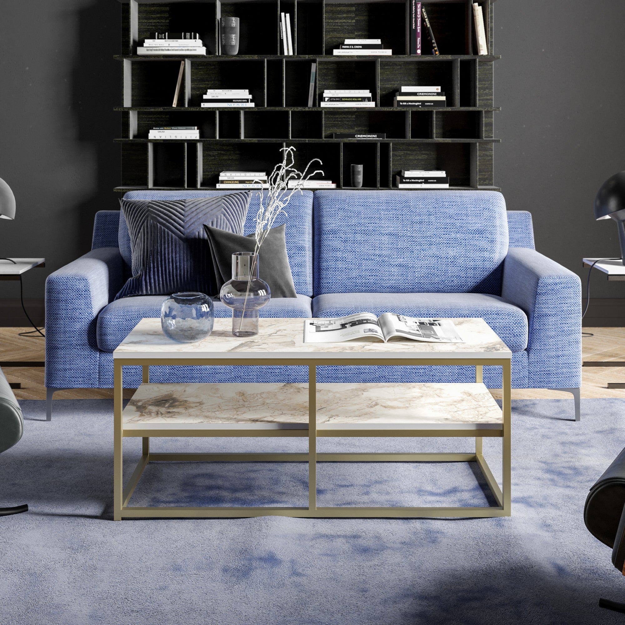 Mesa de Centro Moderna Glamour, Dourada e Branca, 110,4 x 52 x 47 cm | Painel de partículas 100% revestido em melamina, 18 mm de espessura, pernas de metal resistentes | Design elegante e funcional