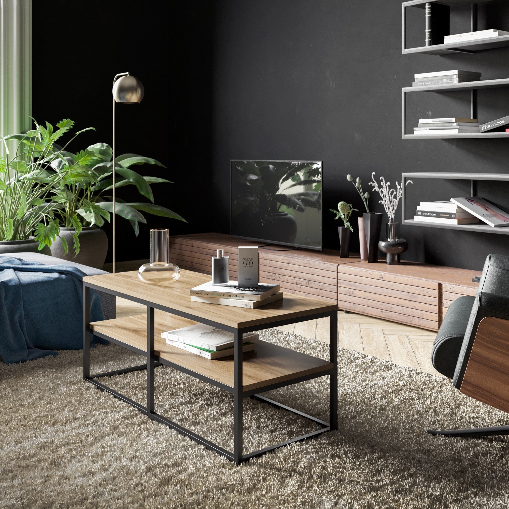 Mesa de Centro Industrial, Nogueira e Preto, 110,4 x 52 x 47 cm | Painel de Partículas 100% Revestido em Melamina, 18 mm de Espessura, Pernas de Metal Resistente | Design Elegante e Funcional