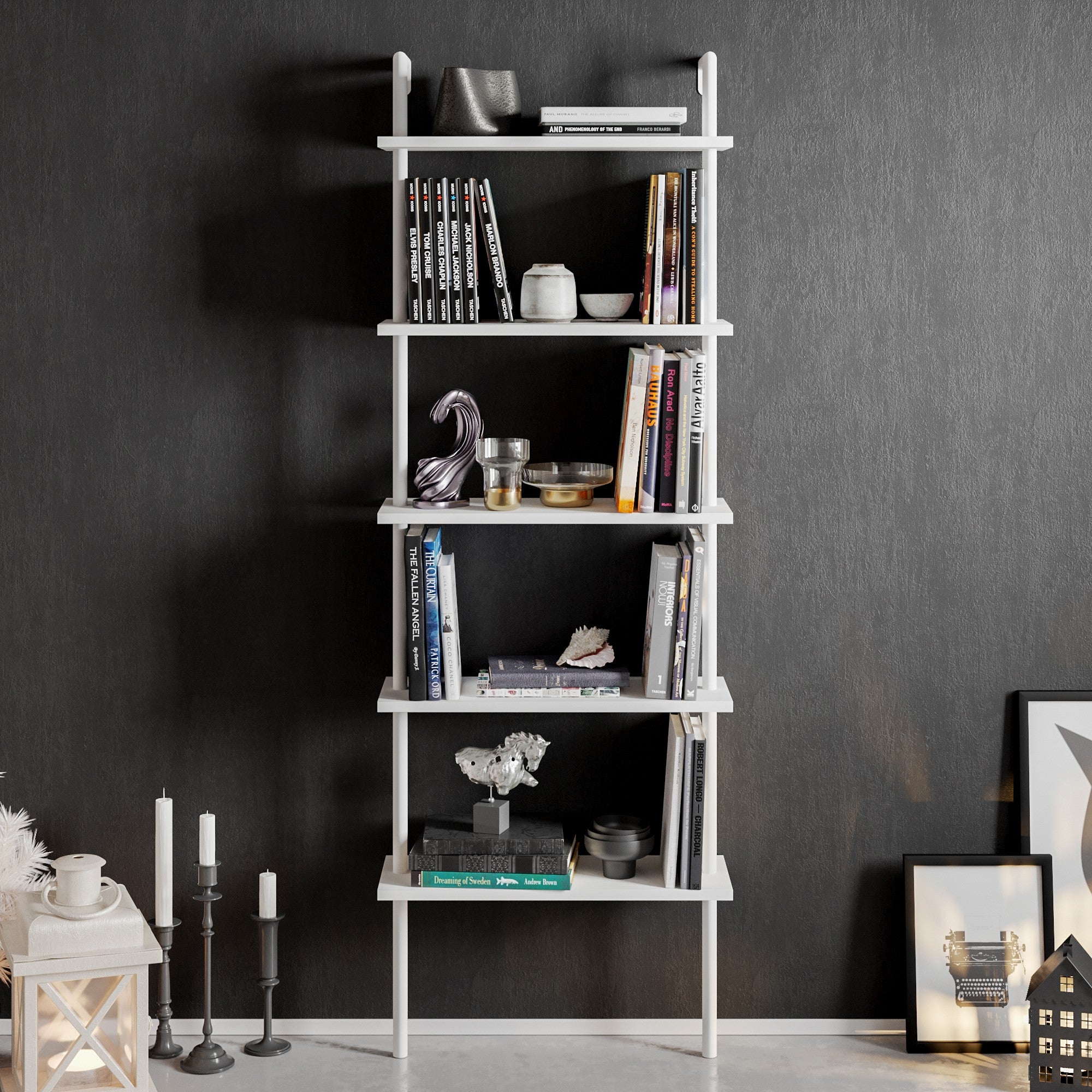 Estante estilo escandinavo, branca, 60 x 174 x 22 cm | Painel de partículas 100% revestido em melamina, 18 mm de espessura, pés de metal | Montável na parede, várias prateleiras