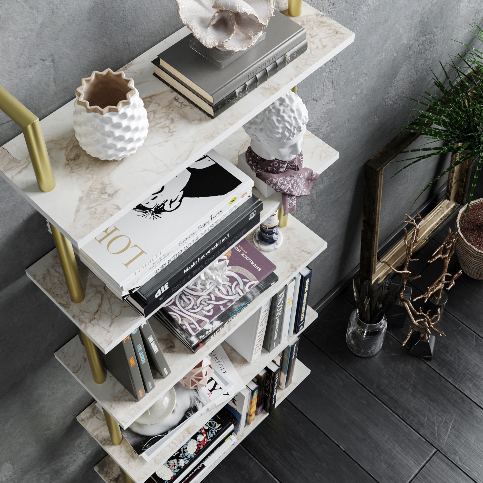 Estante Glamourosa com Pés de Metal, Branco e Dourado, 60 x 22 x 174 cm | 100% Revestimento em Melamina, 18 mm de Espessura | Montável na Parede, Design Elegante e Funcional