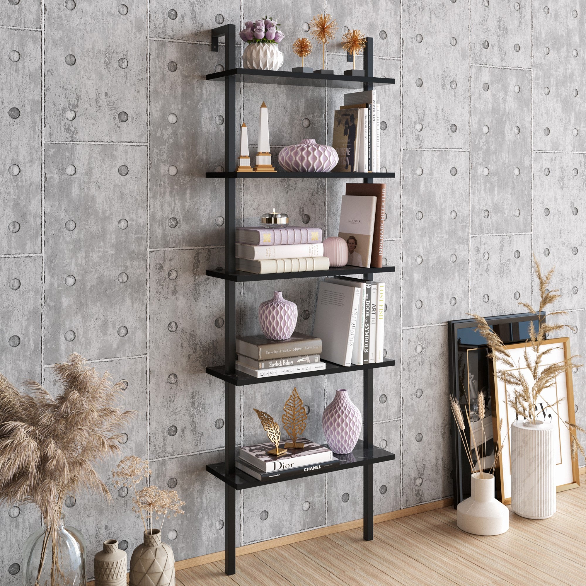 Estante industrial preta, 60 cm x 174 cm x 22 cm | Painel de partículas 100% revestido em melamina, 18 mm de espessura, pés de metal | Montável na parede, armazenamento elegante e funcional
