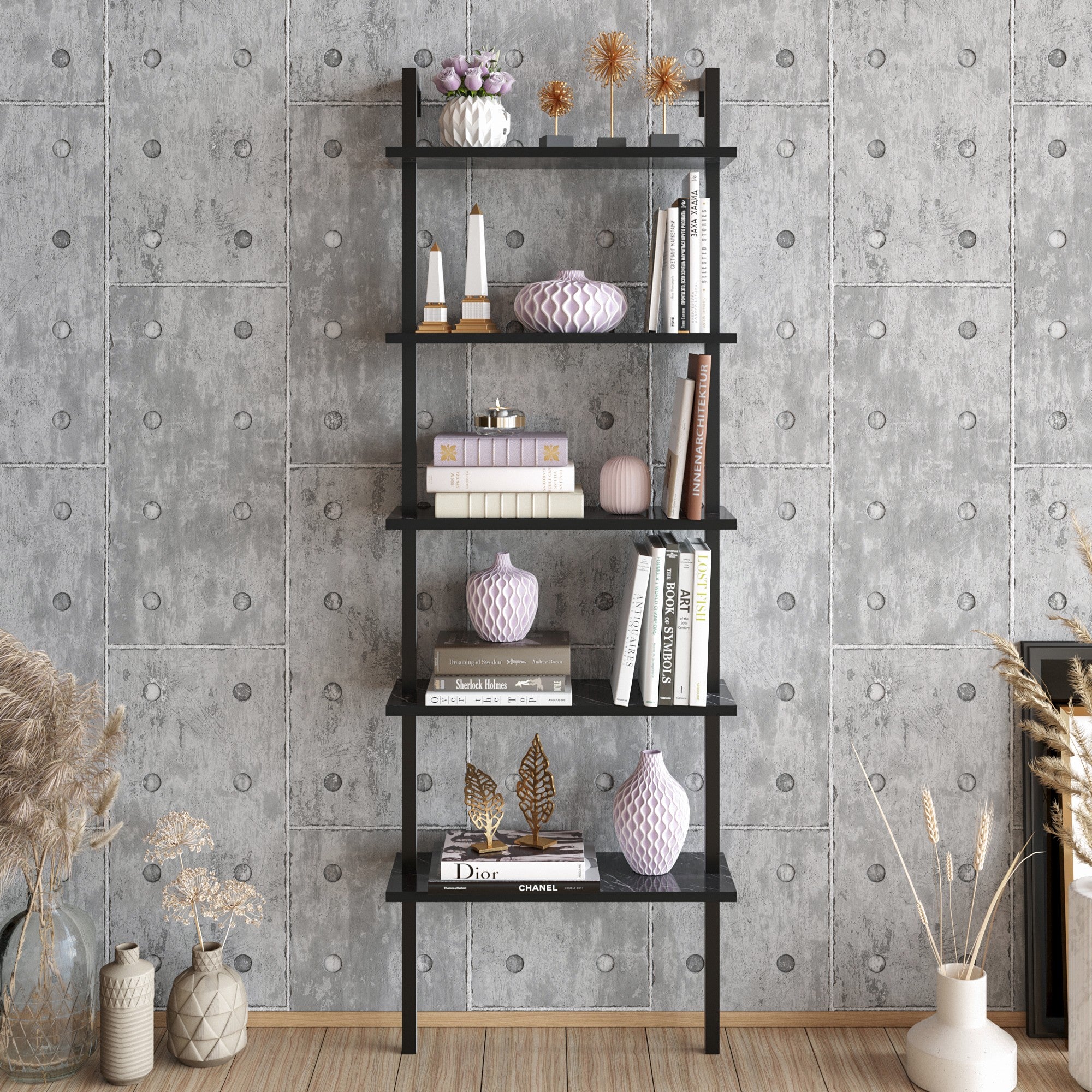 Estante industrial preta, 60 cm x 174 cm x 22 cm | Painel de partículas 100% revestido em melamina, 18 mm de espessura, pés de metal | Montável na parede, armazenamento elegante e funcional