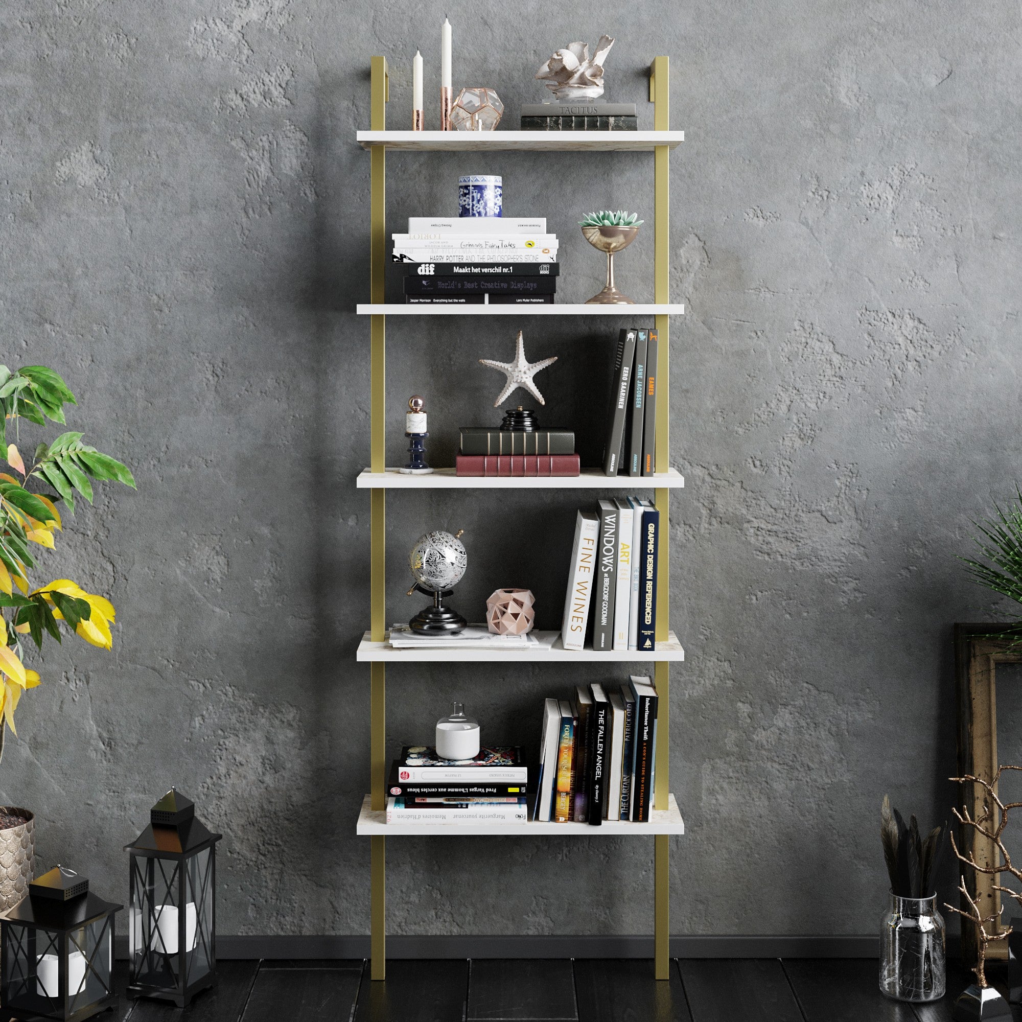 Estante Glamourosa com Pés de Metal, Branco e Dourado, 60 x 22 x 174 cm | 100% Revestimento em Melamina, 18 mm de Espessura | Montável na Parede, Design Elegante e Funcional
