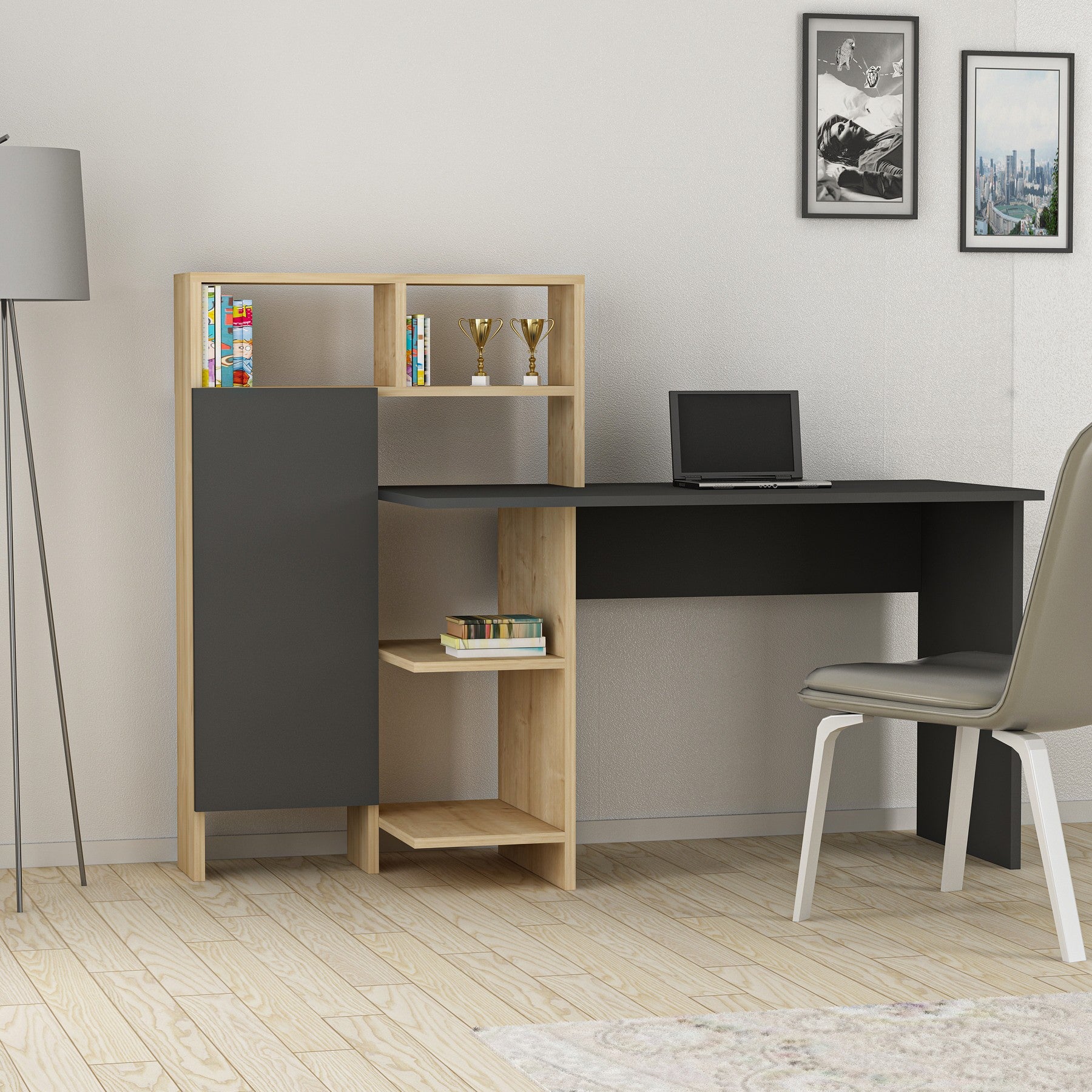 Secretária Elegante – 135,9 x 111,8 x 60 cm – Antracite e Carvalho – Painel de Partículas Revestido a Melamina