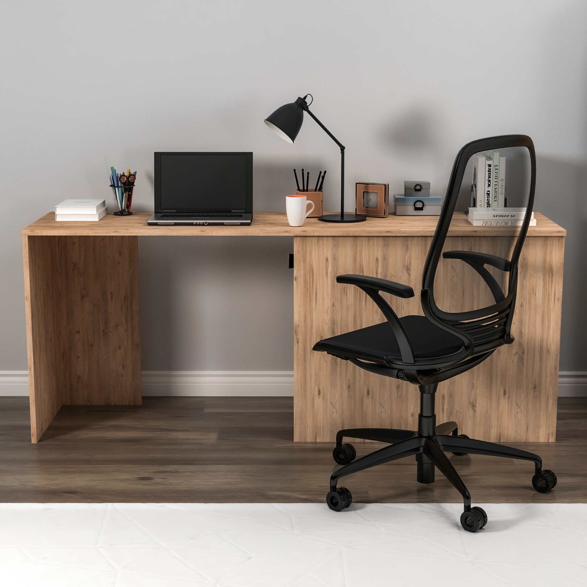 Secretária de Estudo – 180cm x 73,8cm x 47cm – Pinheiro Atlântico e Antracite – Aglomerado revestido de melamina