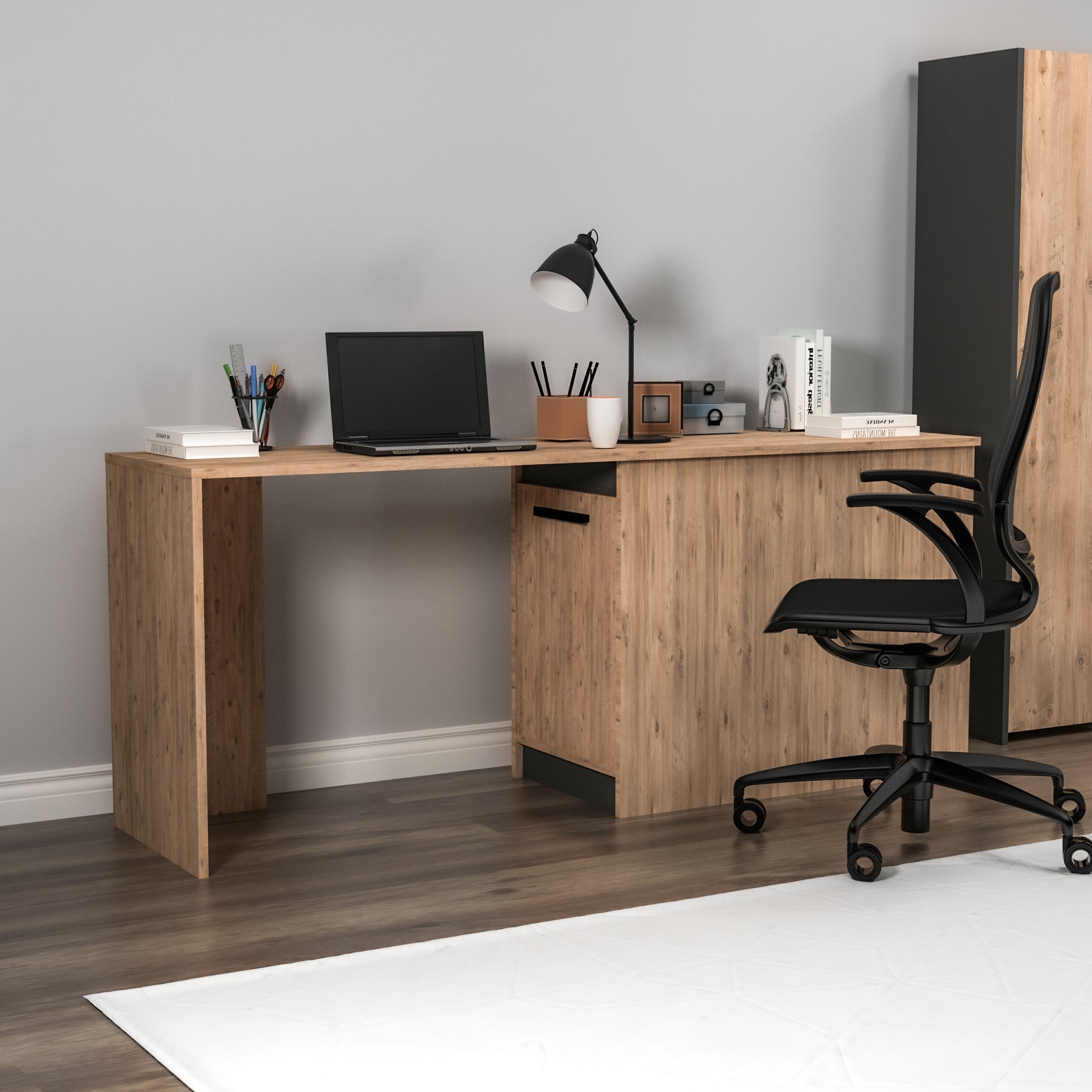 Secretária de Estudo – 180cm x 73,8cm x 47cm – Pinheiro Atlântico e Antracite – Aglomerado revestido de melamina