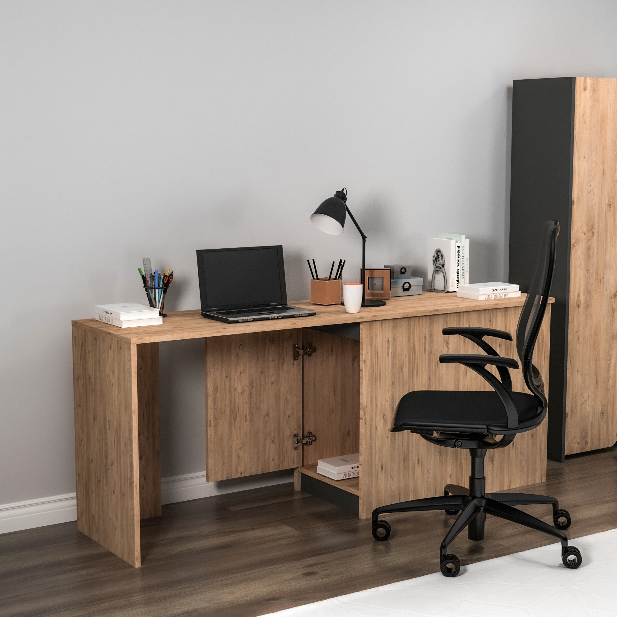 Secretária de Estudo – 180cm x 73,8cm x 47cm – Pinheiro Atlântico e Antracite – Aglomerado revestido de melamina