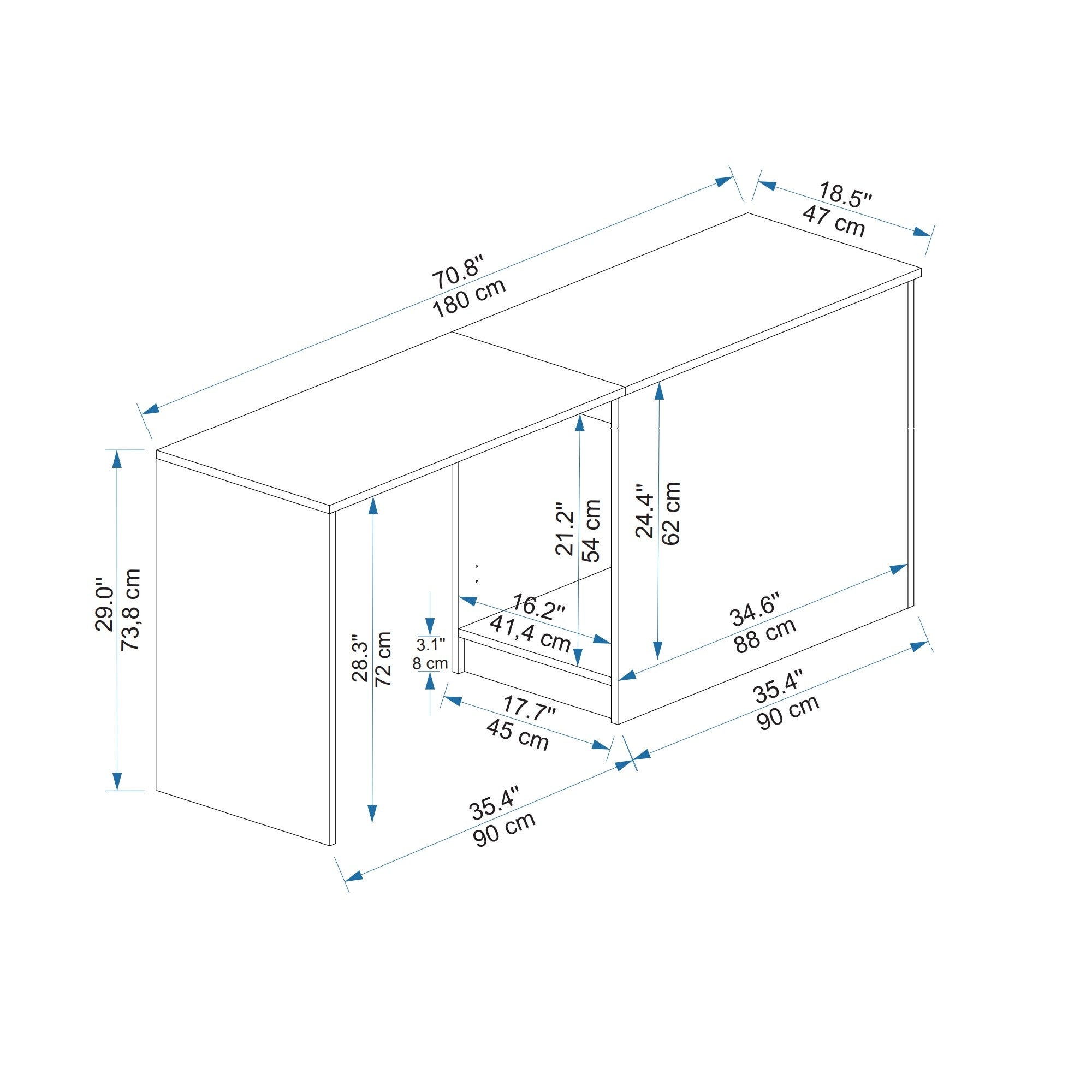 Secretária de Estudo – 180cm x 73,8cm x 47cm – Pinheiro Atlântico e Antracite – Aglomerado revestido de melamina