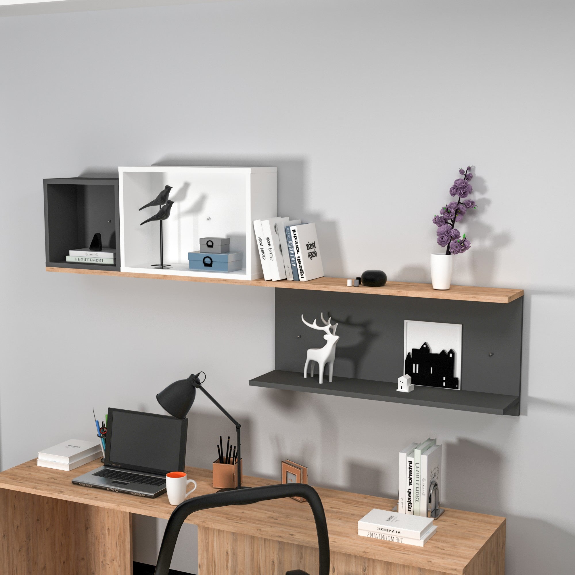 Prateleira de parede – 180 cm x 80.4 cm x 19.6 cm – Pinho Atlântico, Antracite e Branco – Painel de partículas revestido a melamina
