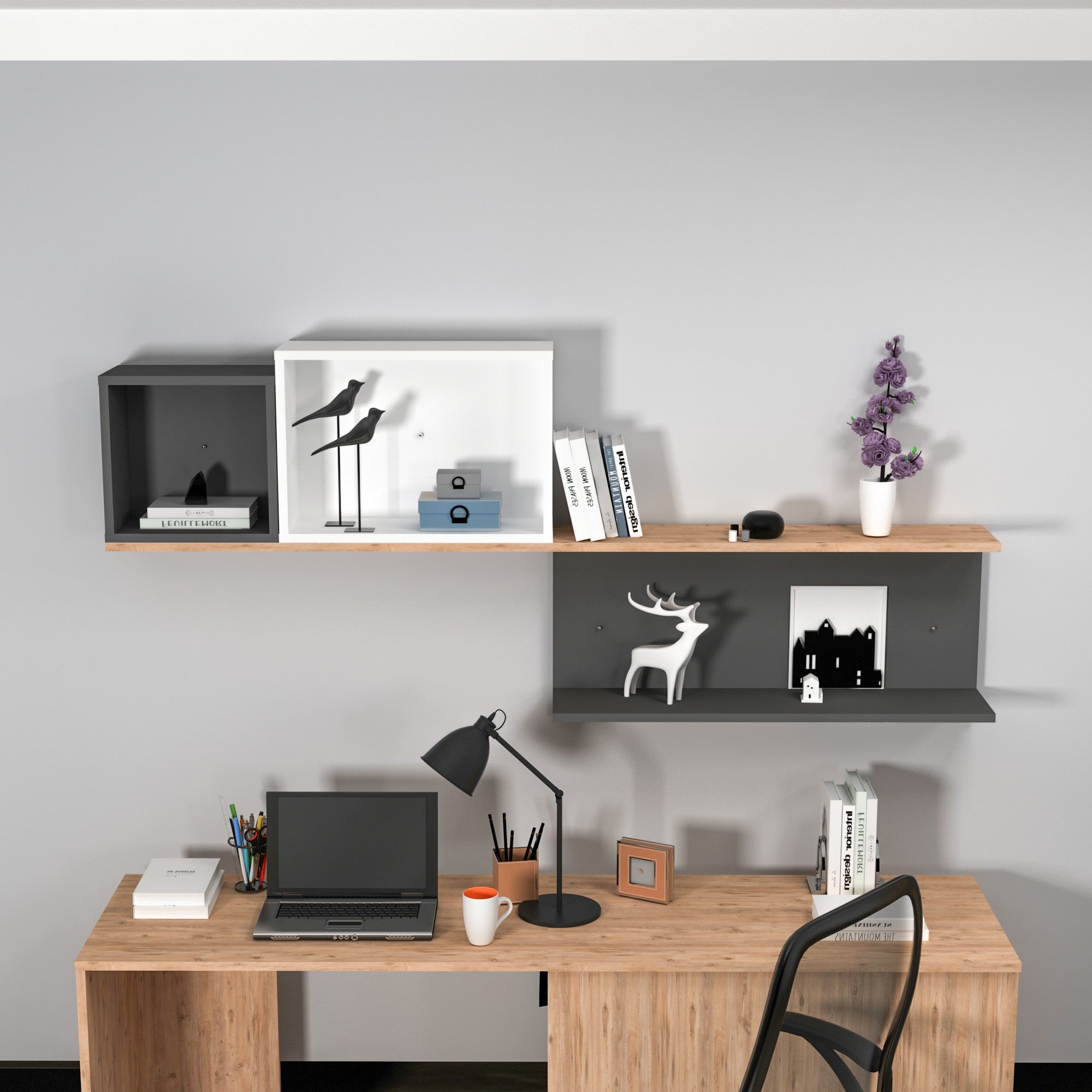 Prateleira de parede – 180 cm x 80.4 cm x 19.6 cm – Pinho Atlântico, Antracite e Branco – Painel de partículas revestido a melamina