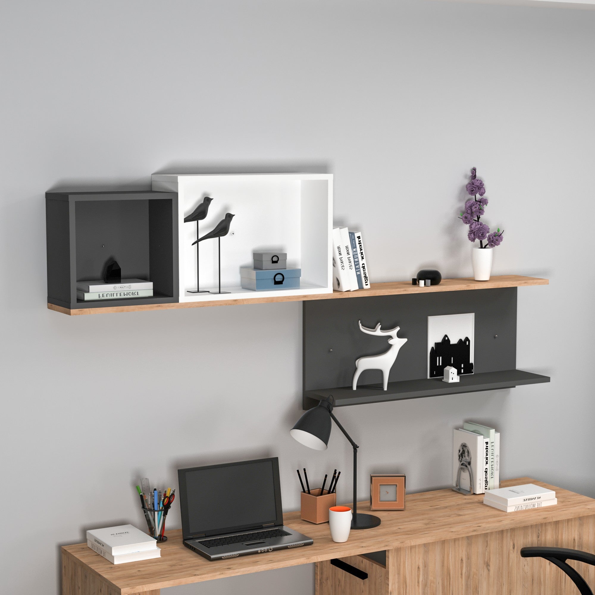 Prateleira de parede – 180 cm x 80.4 cm x 19.6 cm – Pinho Atlântico, Antracite e Branco – Painel de partículas revestido a melamina