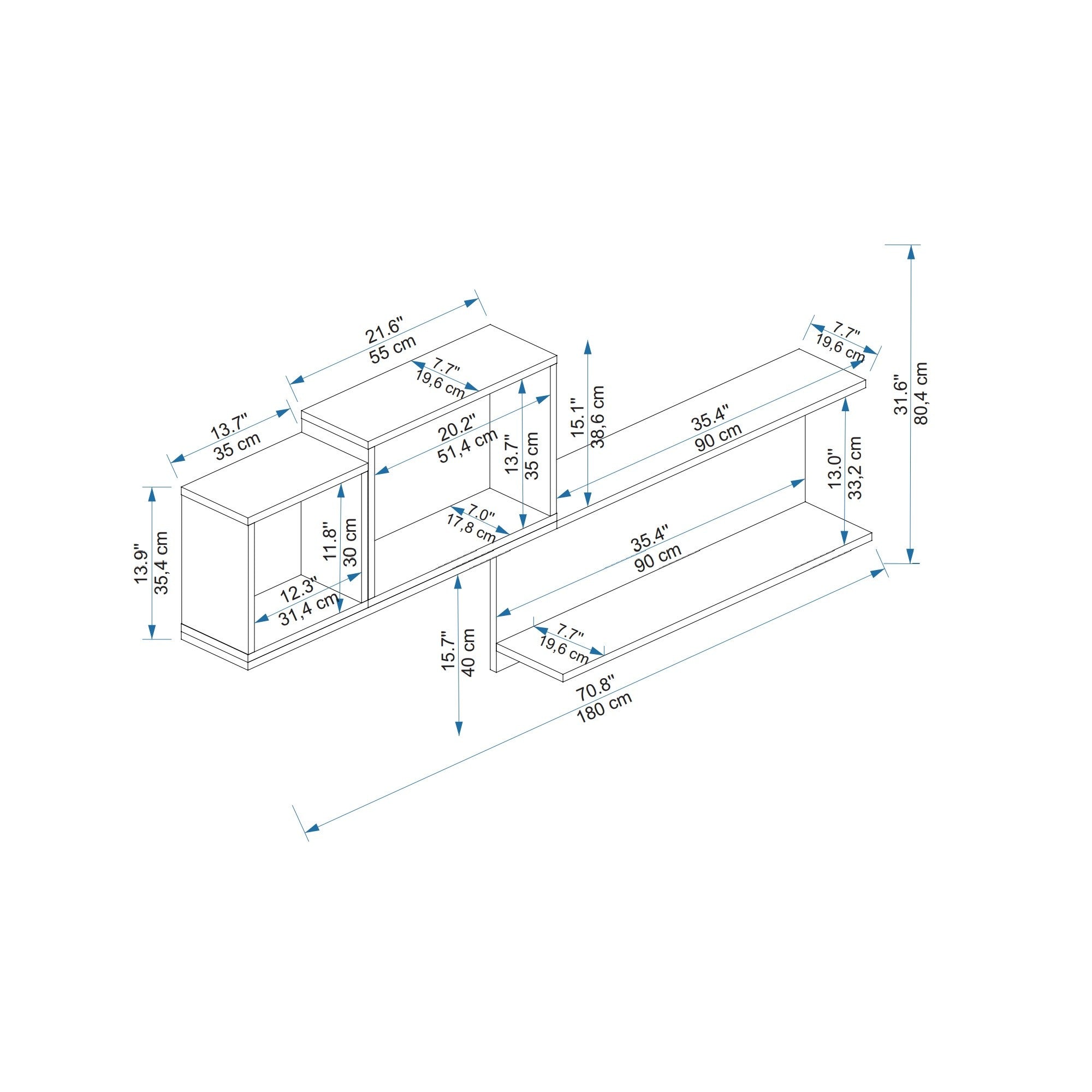 Prateleira de parede – 180 cm x 80.4 cm x 19.6 cm – Branco – Painel de partículas