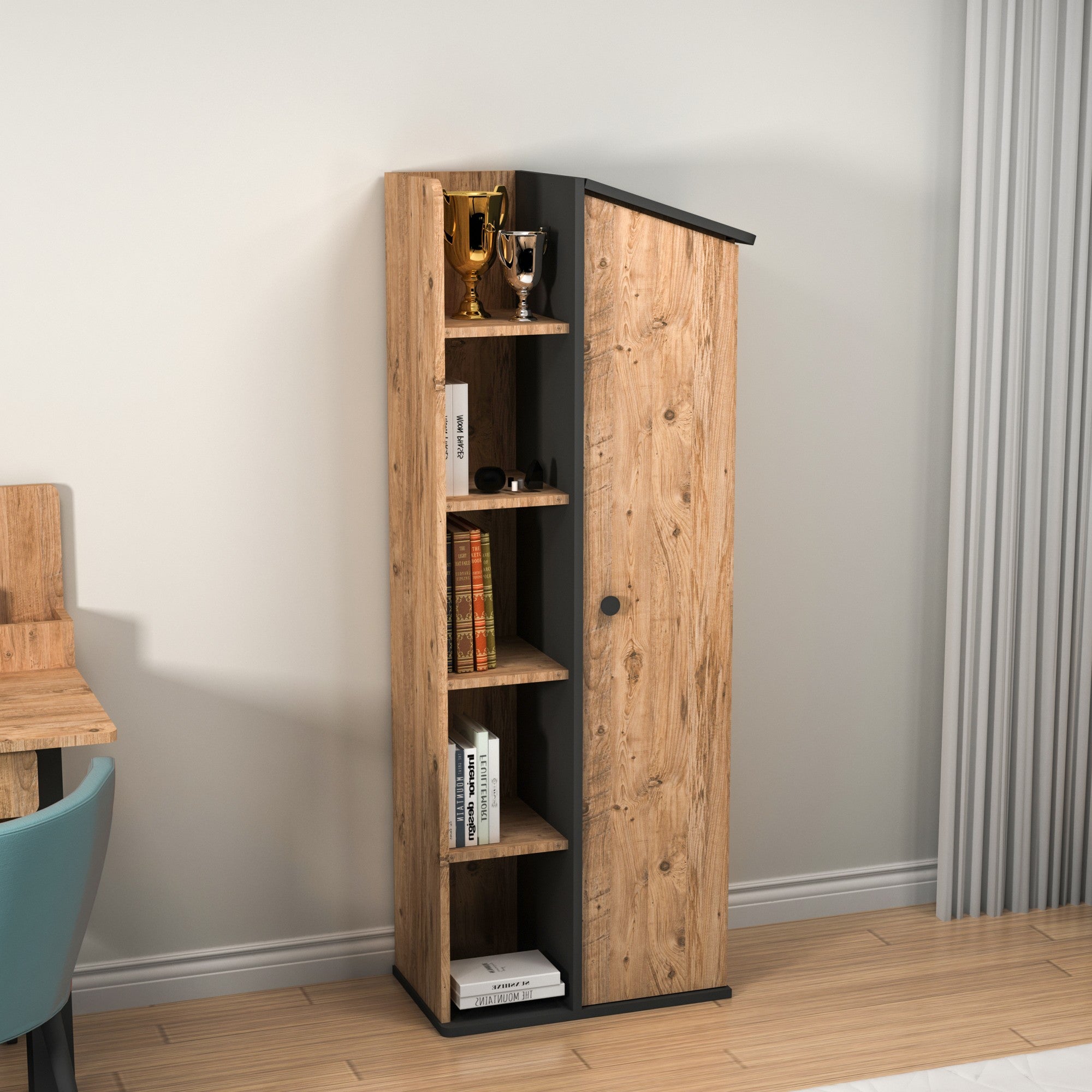 Estante de livros – 60 cm x 161.8 cm x 35.3 cm – Pinho Atlântico e Antracite – Painel de partículas