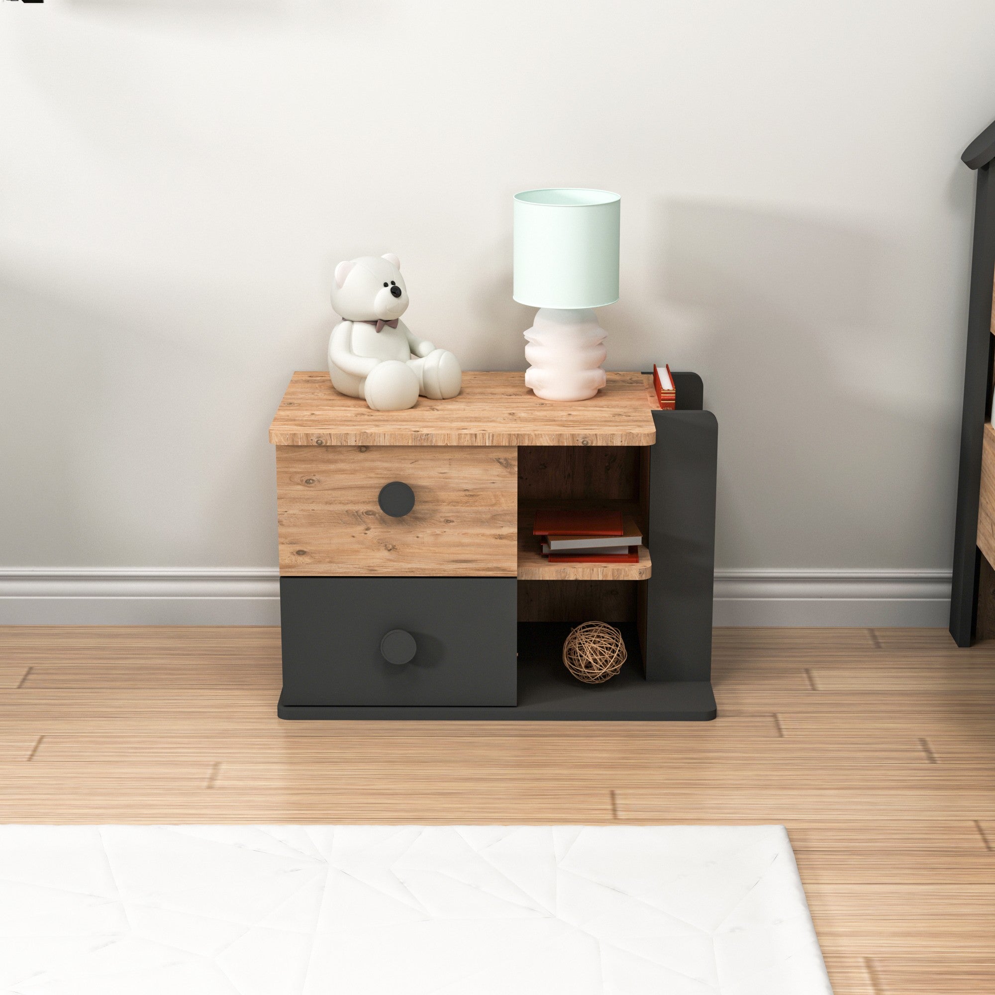 Mesa de Cabeceira – 65 cm x 44.6 cm x 40.3 cm – Pinho Atlântico e Antracite – Painel de Partículas
